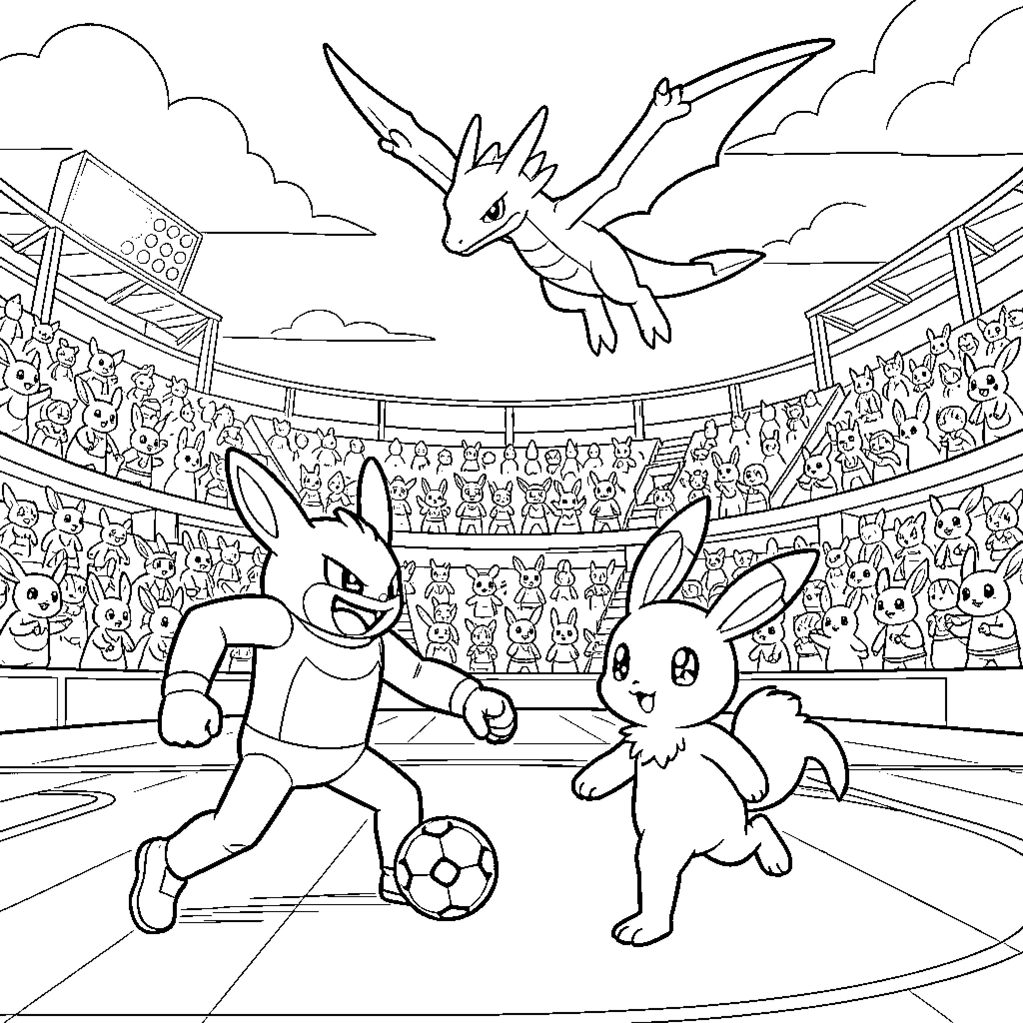Ronflex creatures playing soccer in a large stadium Coloring Page (free black-and-white line drawing printable PDF for all, from beginners to advanced learners, including children, teens, adults, and seniors)