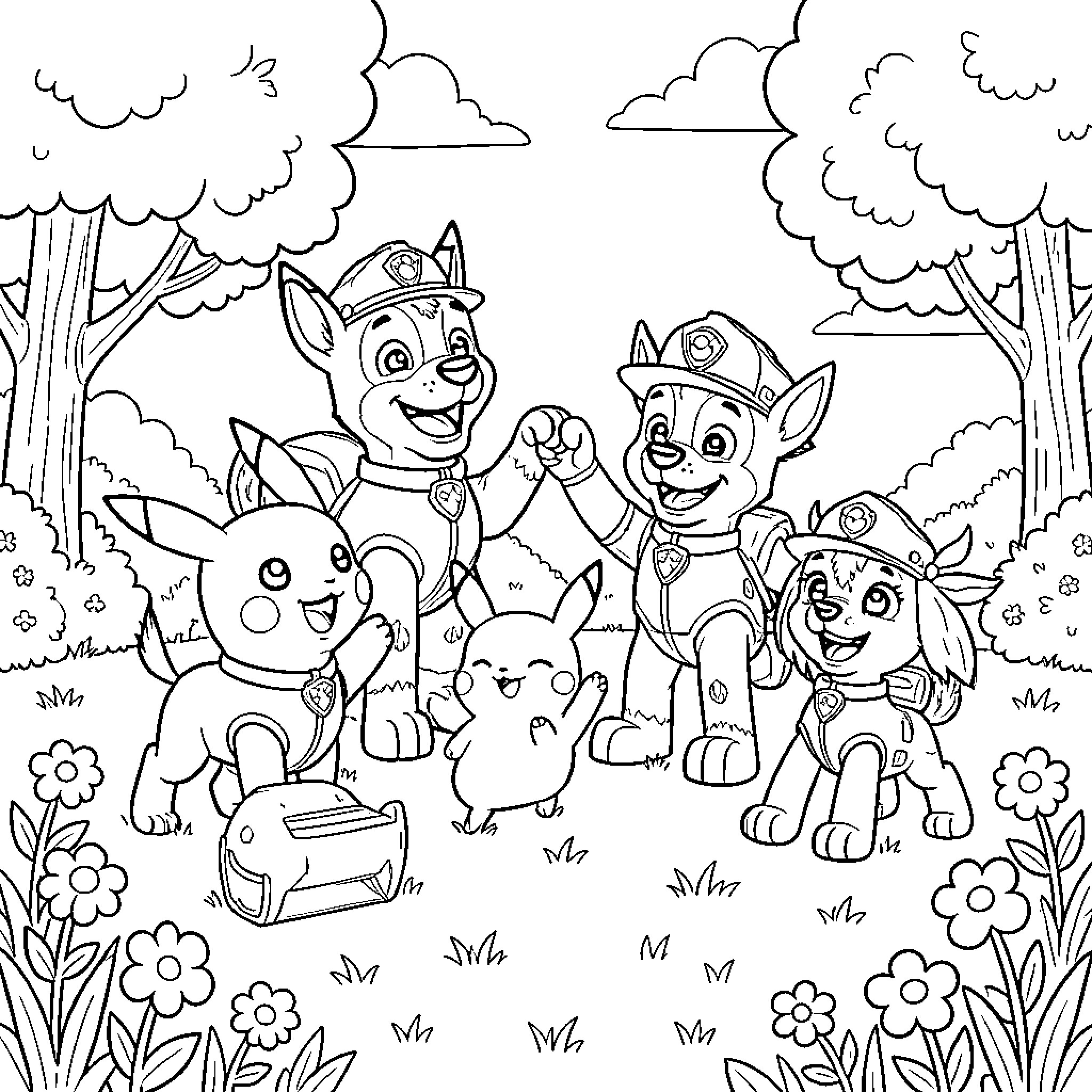 Pikachu and Paw Patrol pups explore the forest Coloring Page (free black-and-white line drawing printable PDF for all, from beginners to advanced learners, including children, teens, adults, and seniors)