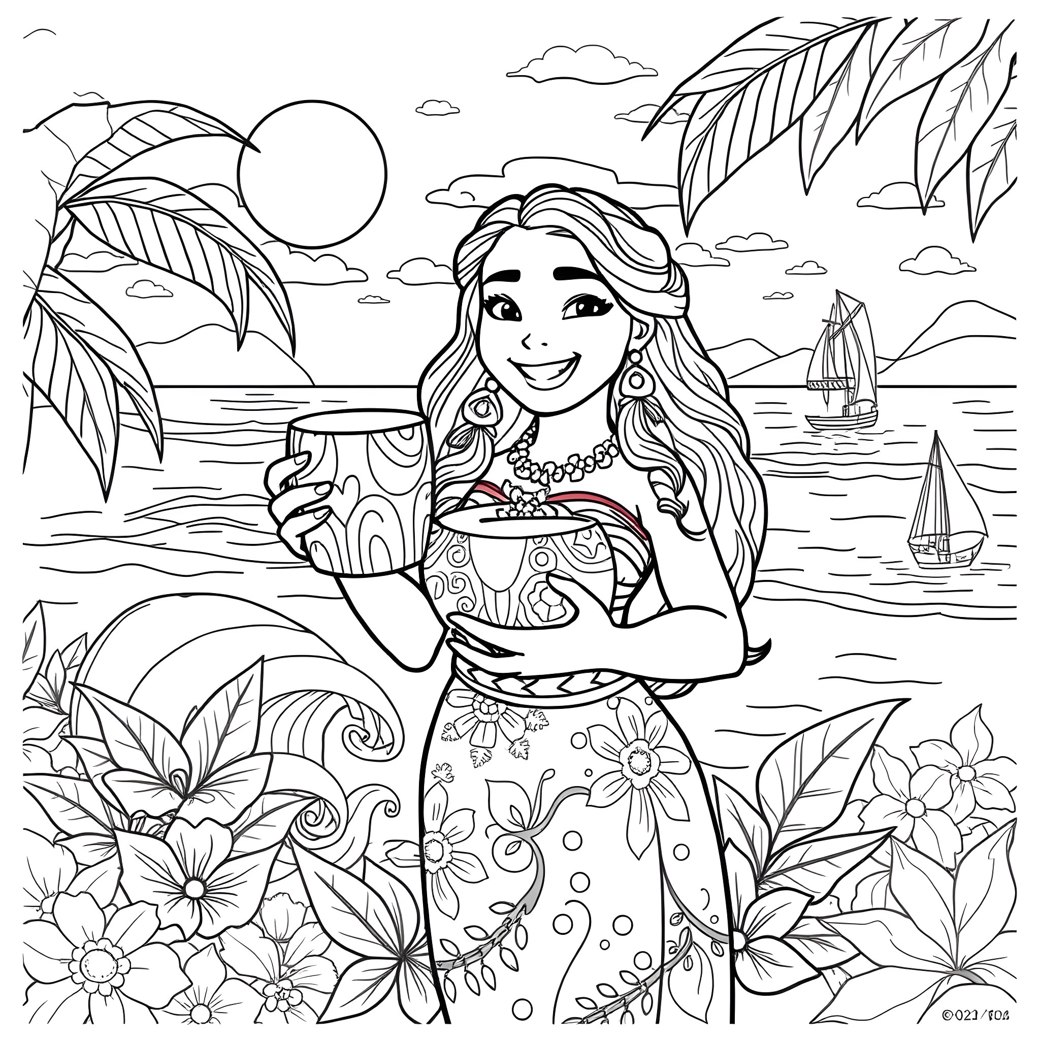 Coconut Lady enjoying tropical paradise Coloring Page (free black-and-white line drawing printable PDF for all, from beginners to advanced learners, including children, teens, adults, and seniors)