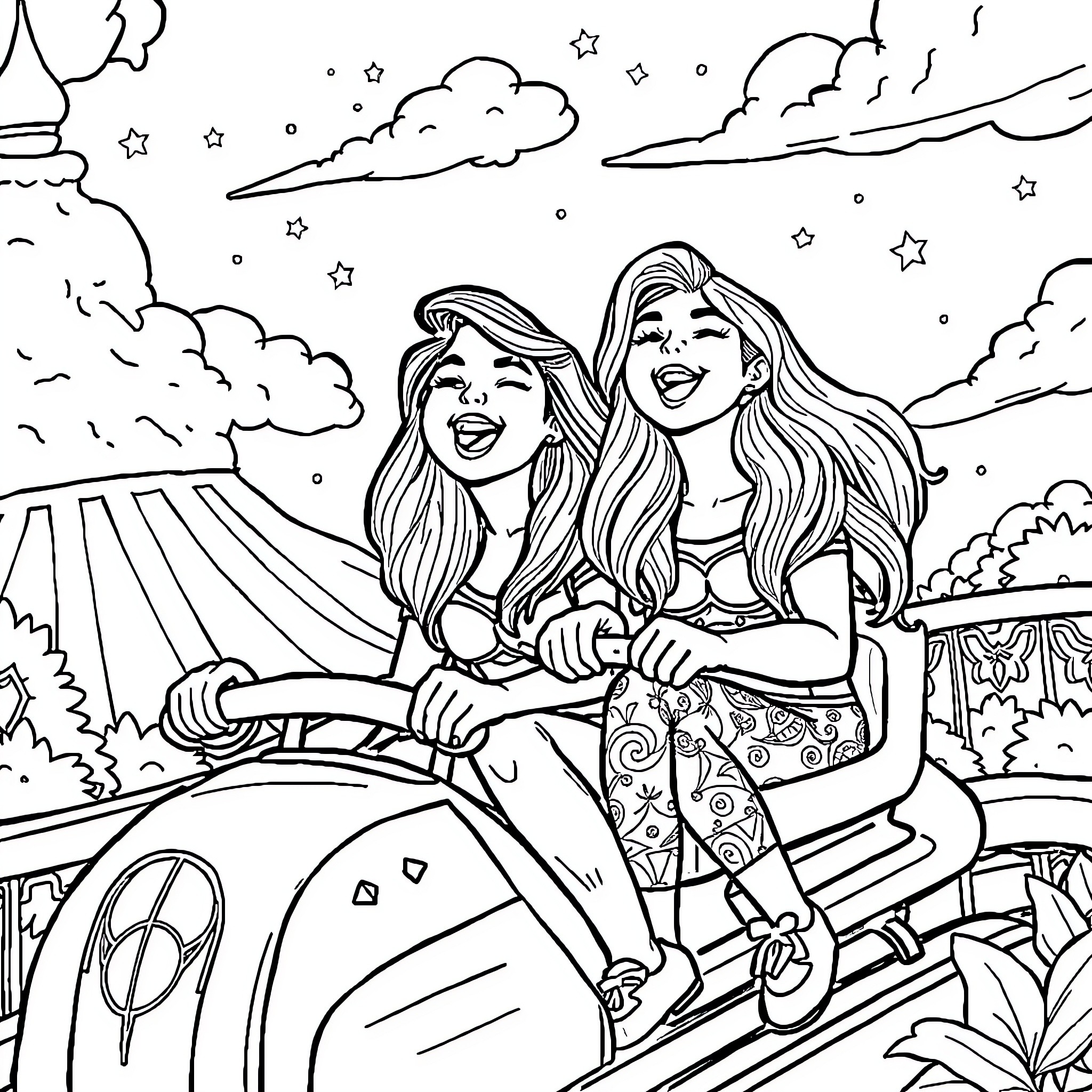 Supernenas riding motorcycles under the starry sky Coloring Page (free black-and-white line drawing printable PDF for all, from beginners to advanced learners, including children, teens, adults, and seniors)