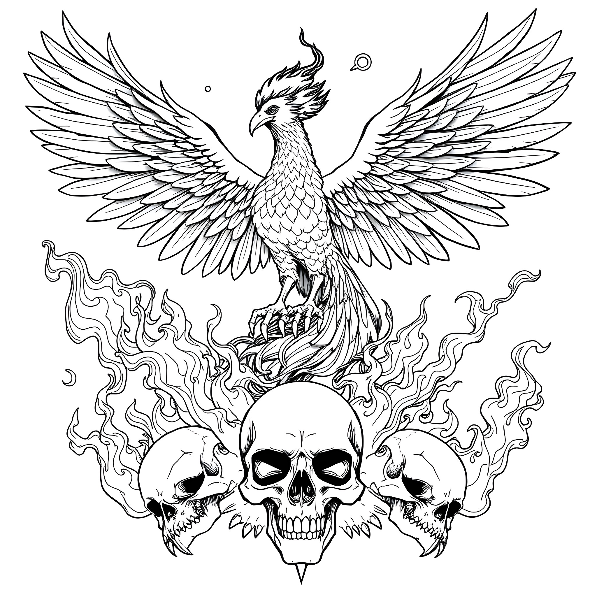 Phoenix rising from the ashes with skulls Coloring Page (free black-and-white line drawing printable PDF for all, from beginners to advanced learners, including children, teens, adults, and seniors)