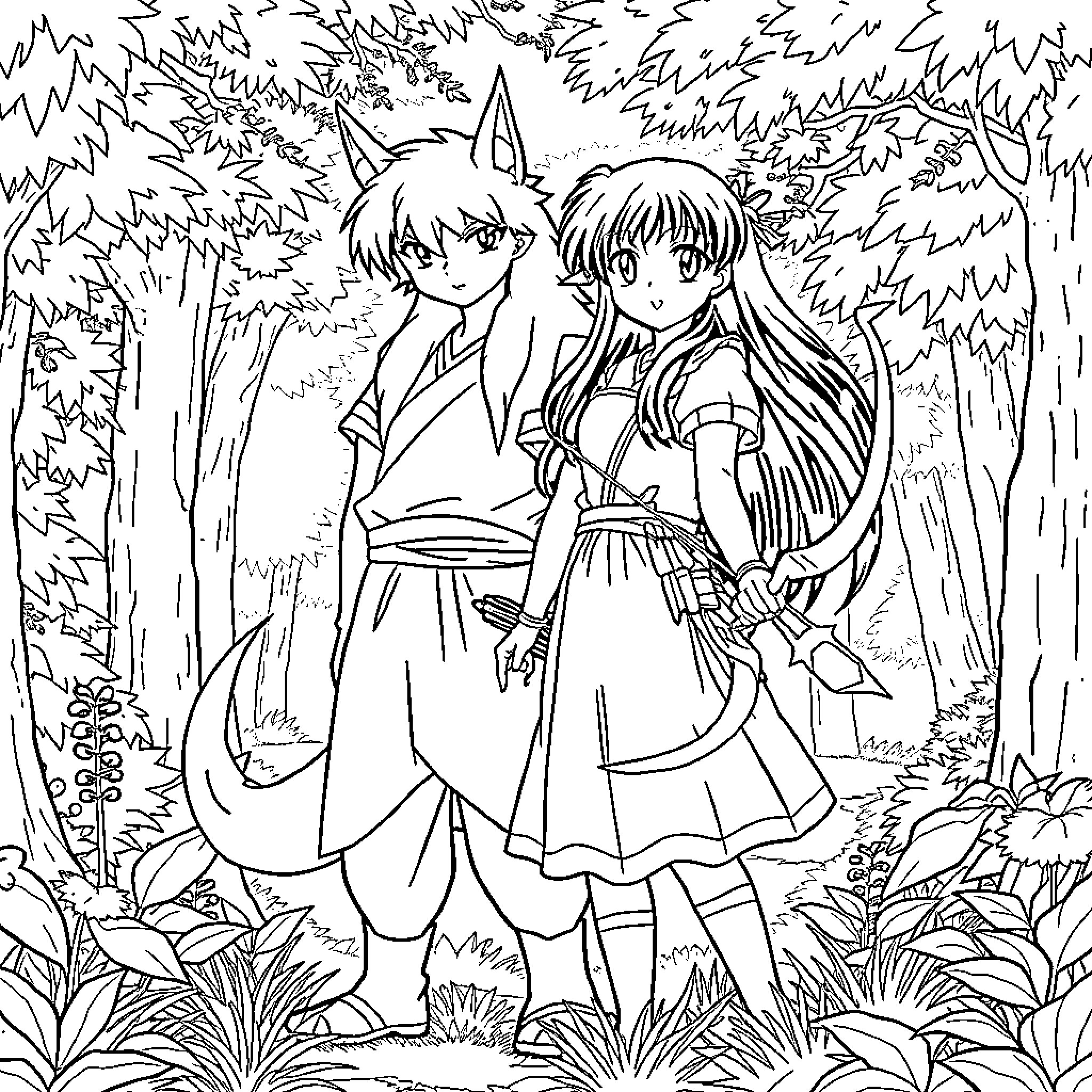 Inuyasha and Kagome explore the enchanted forest Coloring Page (free black-and-white line drawing printable PDF for all, from beginners to advanced learners, including children, teens, adults, and seniors)