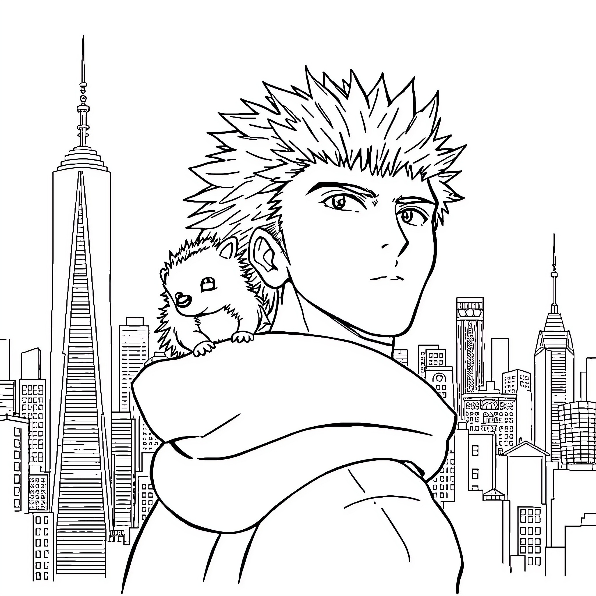 Hedgehog and his human friend in the city Coloring Page (free black-and-white line drawing printable PDF for all, from beginners to advanced learners, including children, teens, adults, and seniors)