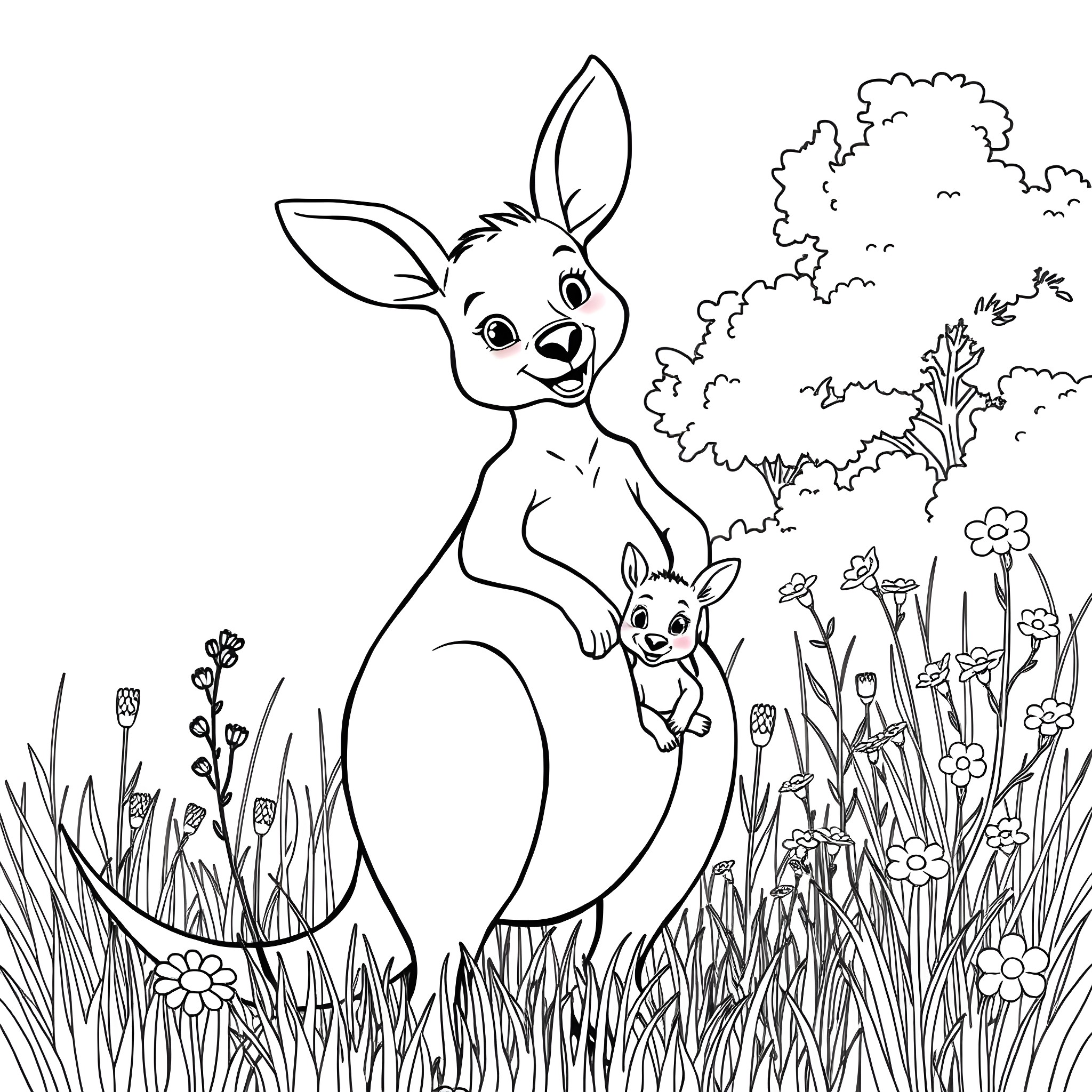 Kangaroo and its baby enjoying the nature scene Coloring Page (free black-and-white line drawing printable PDF for all, from beginners to advanced learners, including children, teens, adults, and seniors)