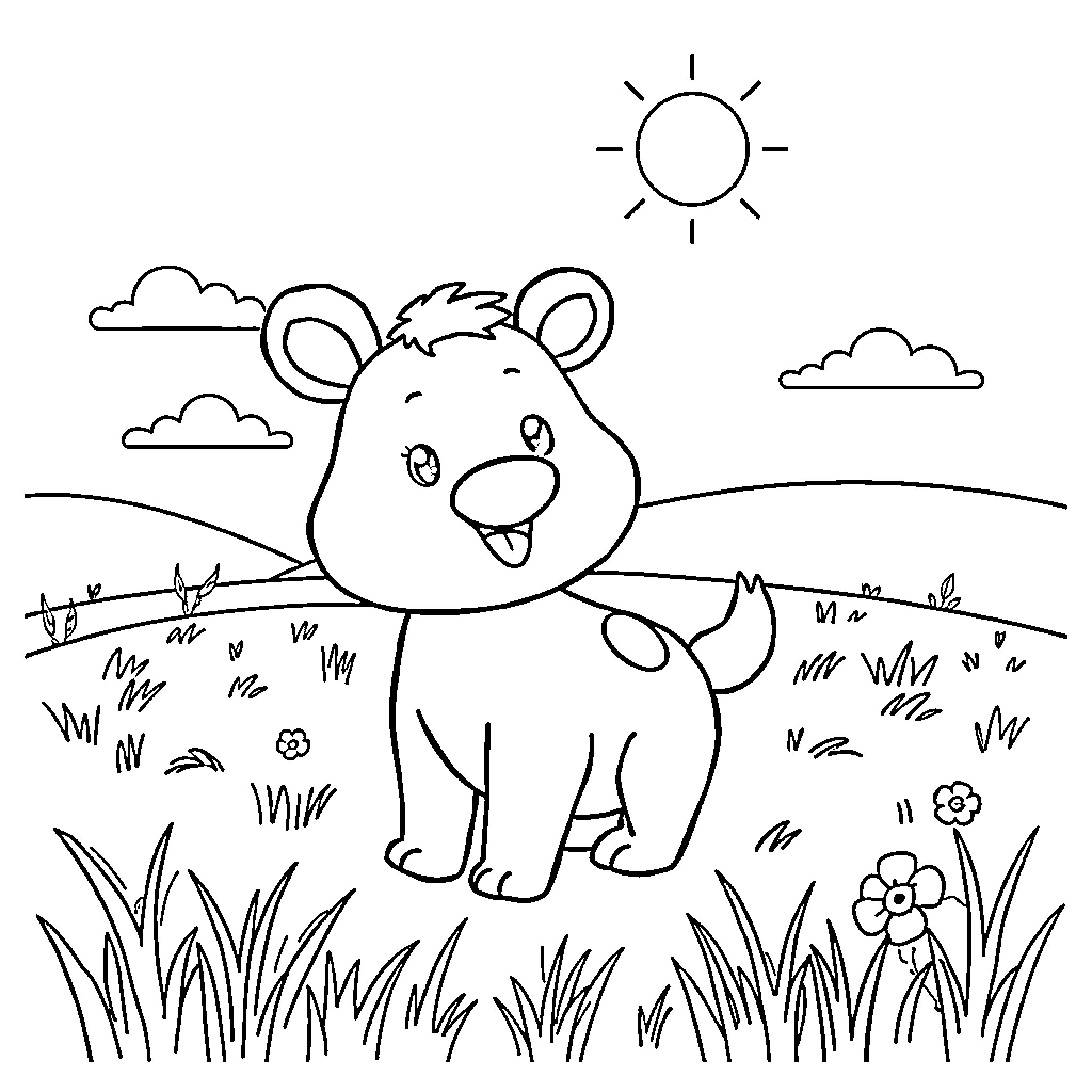 Animal in a grassy field with sun and clouds Coloring Page (free black-and-white line drawing printable PDF for all, from beginners to advanced learners, including children, teens, adults, and seniors)