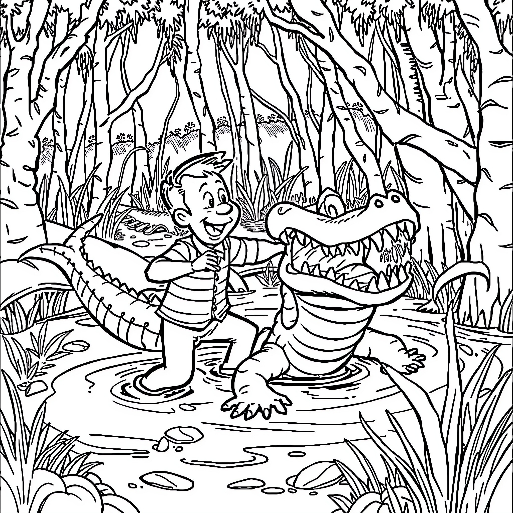 Pee Wee Herman having a silly adventure with an alligator Coloring Page (free black-and-white line drawing printable PDF for all, from beginners to advanced learners, including children, teens, adults, and seniors)