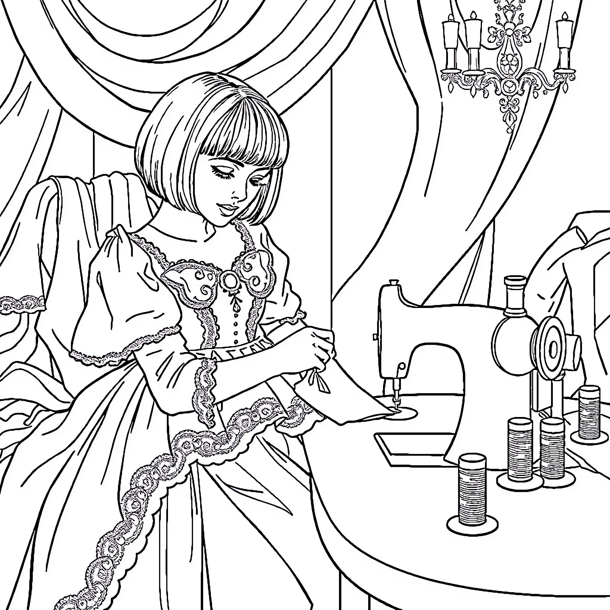 Woman sewing in a Victorian-style studio Coloring Page (free black-and-white line drawing printable PDF for all, from beginners to advanced learners, including children, teens, adults, and seniors)