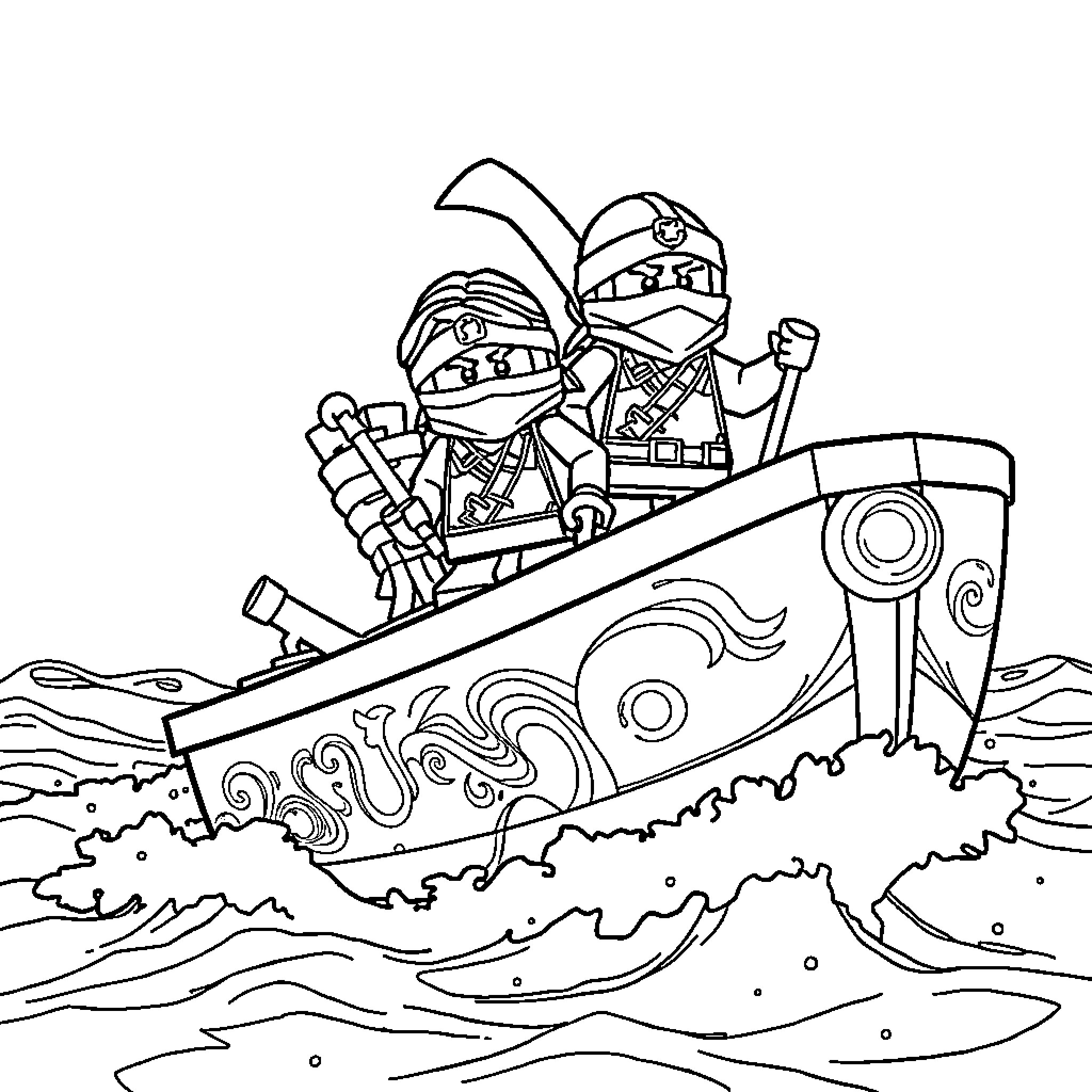 Ninjago Warriors in a Boat on Waves Coloring Page (free black-and-white line drawing printable PDF for all, from beginners to advanced learners, including children, teens, adults, and seniors)