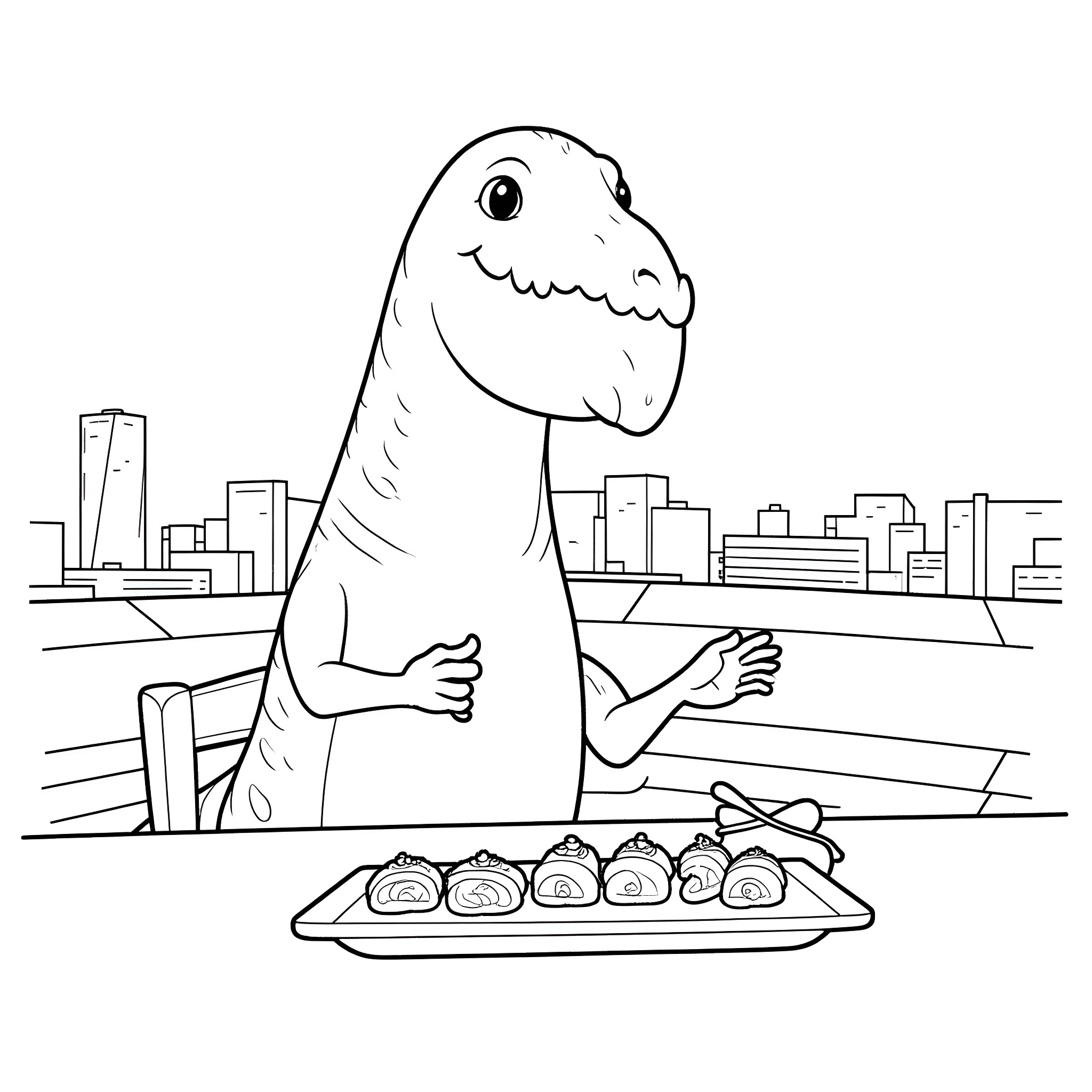 Dinosaur enjoying sushi in the city Coloring Page (free black-and-white line drawing printable PDF for all, from beginners to advanced learners, including children, teens, adults, and seniors)