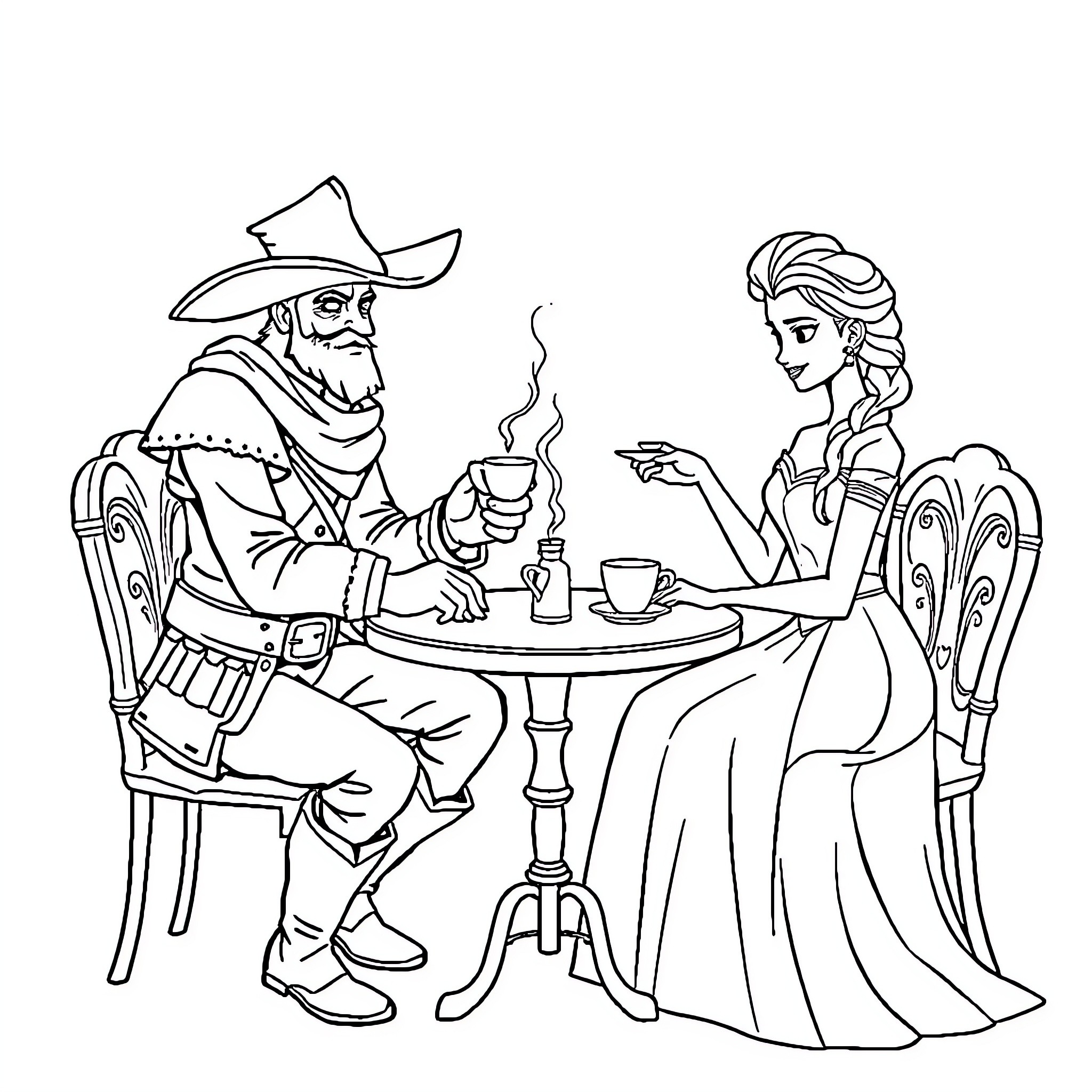Bandit meets royalty over coffee Coloring Page (free black-and-white line drawing printable PDF for all, from beginners to advanced learners, including children, teens, adults, and seniors)