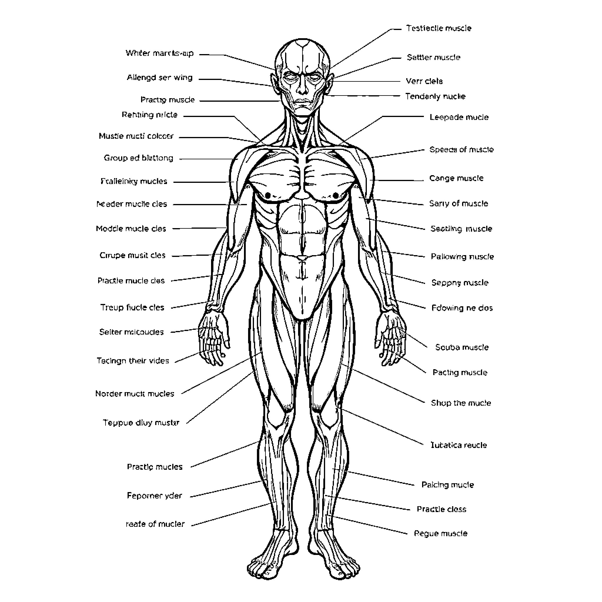 Human Anatomy: Detailed Muscle Diagram Coloring Page (free black-and-white line drawing printable PDF for all, from beginners to advanced learners, including children, teens, adults, and seniors)