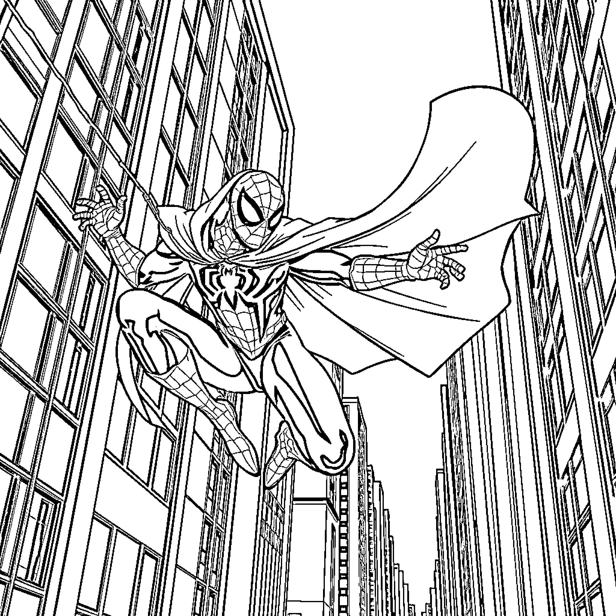 Spiderman leaping through a city skyline Coloring Page (free black-and-white line drawing printable PDF for all, from beginners to advanced learners, including children, teens, adults, and seniors)