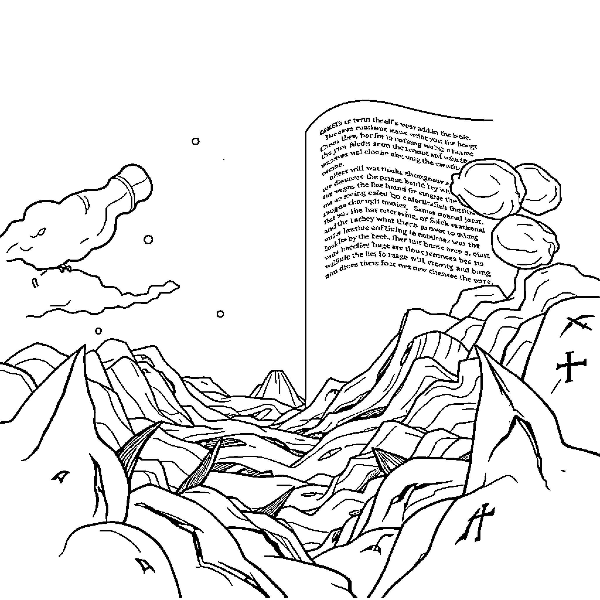 Genesis of a Fantastical Landscape Coloring Page (free black-and-white line drawing printable PDF for all, from beginners to advanced learners, including children, teens, adults, and seniors)
