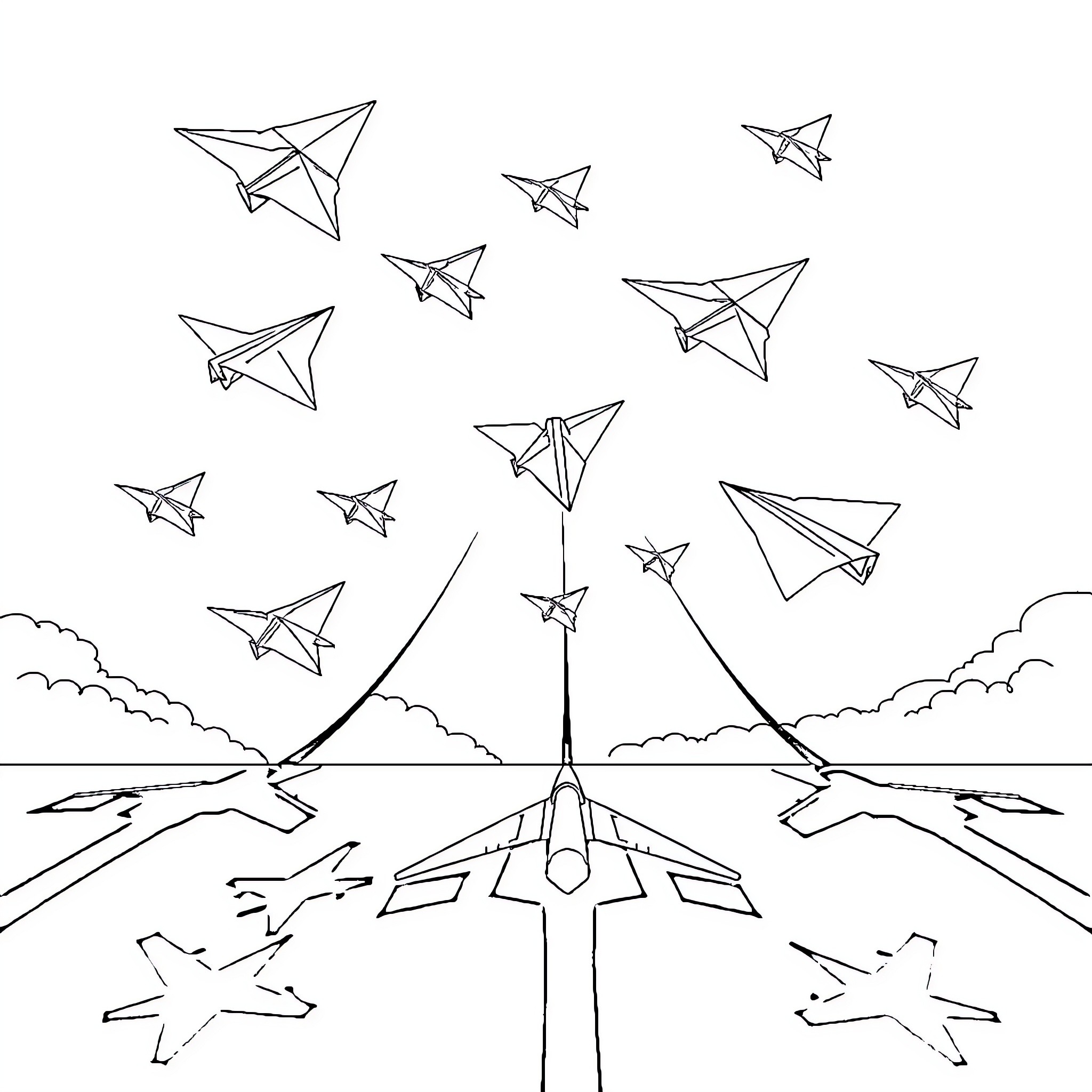 Paper Planes Soaring Through the Sky Coloring Page (free black-and-white line drawing printable PDF for all, from beginners to advanced learners, including children, teens, adults, and seniors)