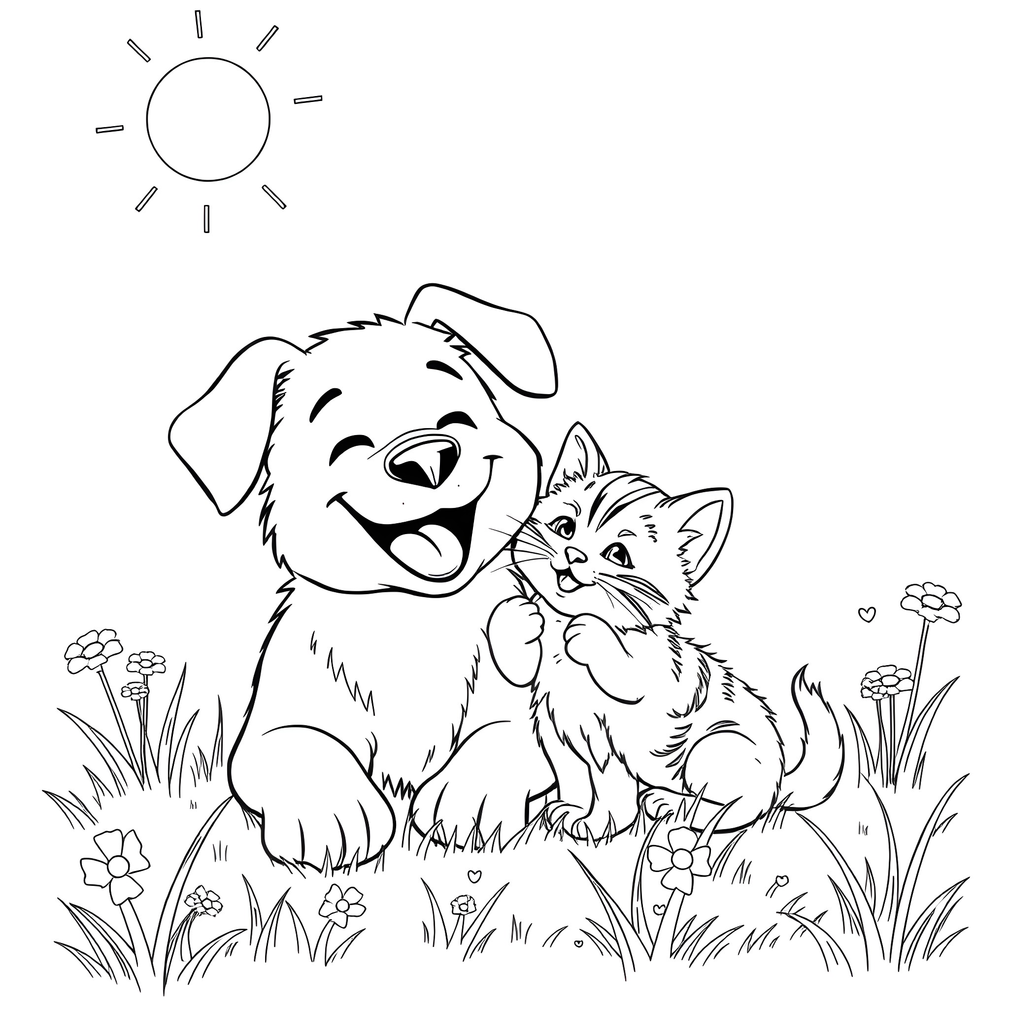 Dog and cat playing happily in the sun Coloring Page (free black-and-white line drawing printable PDF for all, from beginners to advanced learners, including children, teens, adults, and seniors)