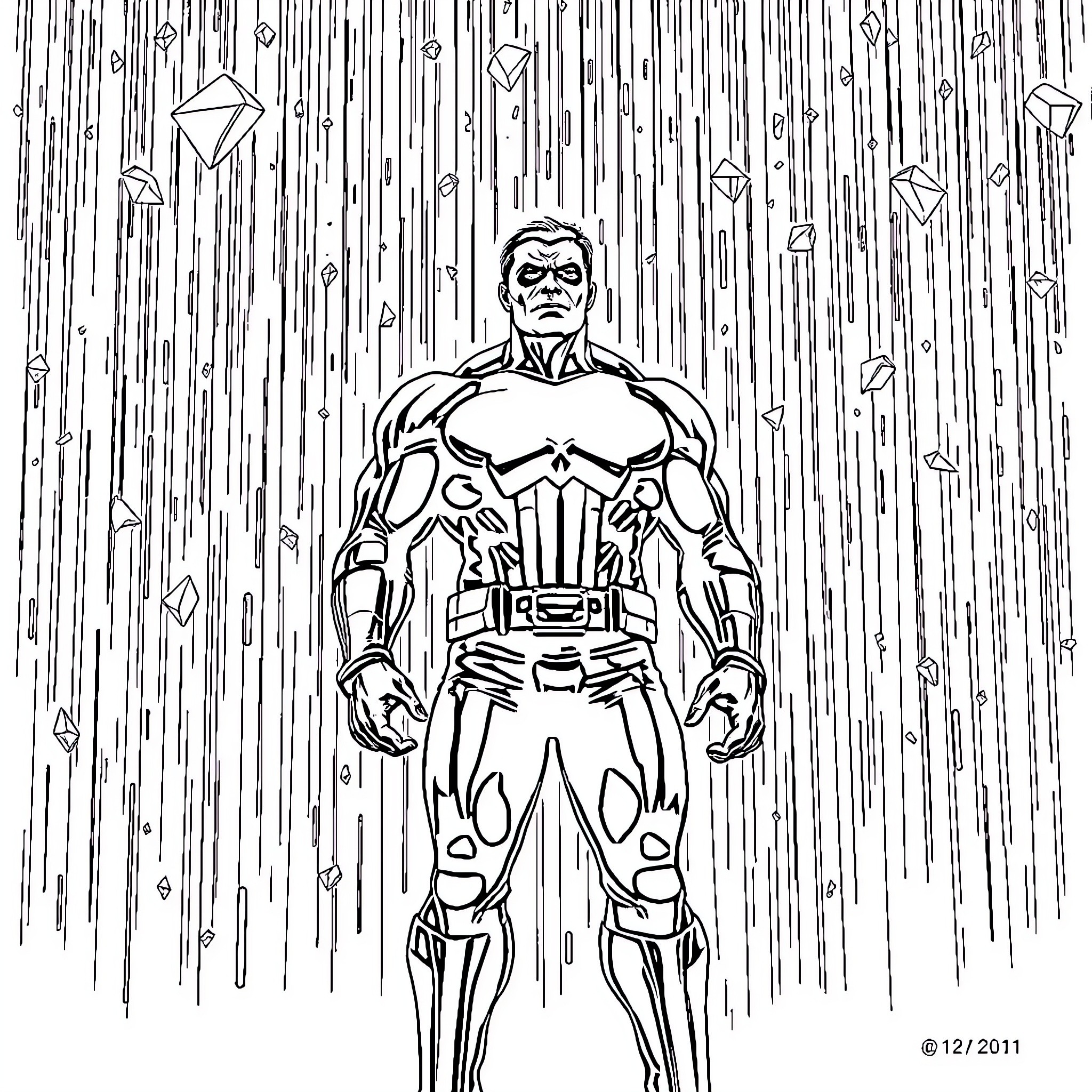 Punisher in Action Amidst Falling Symbols Coloring Page (free black-and-white line drawing printable PDF for all, from beginners to advanced learners, including children, teens, adults, and seniors)