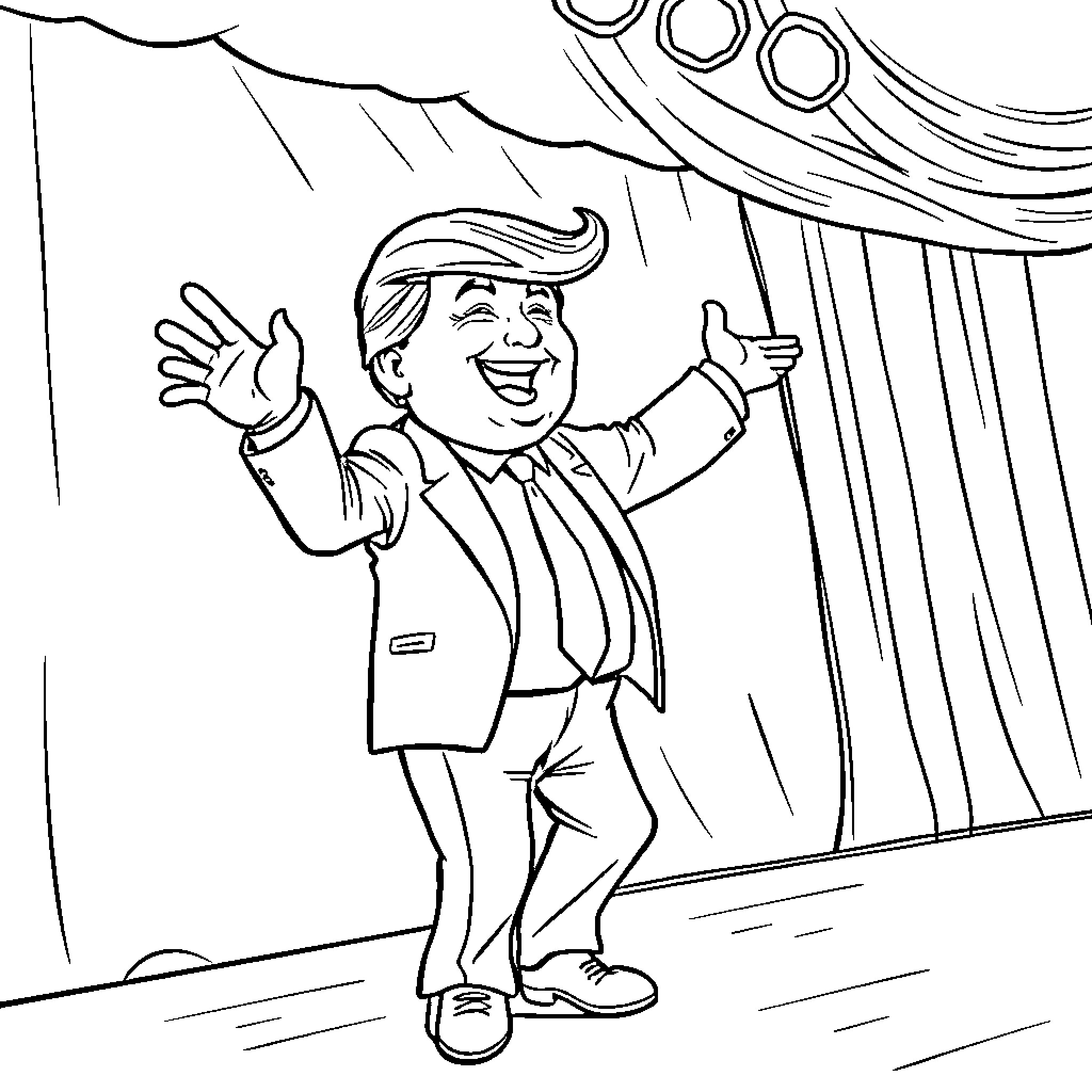 Donald Trump waving to the crowd on stage Coloring Page (free black-and-white line drawing printable PDF for all, from beginners to advanced learners, including children, teens, adults, and seniors)