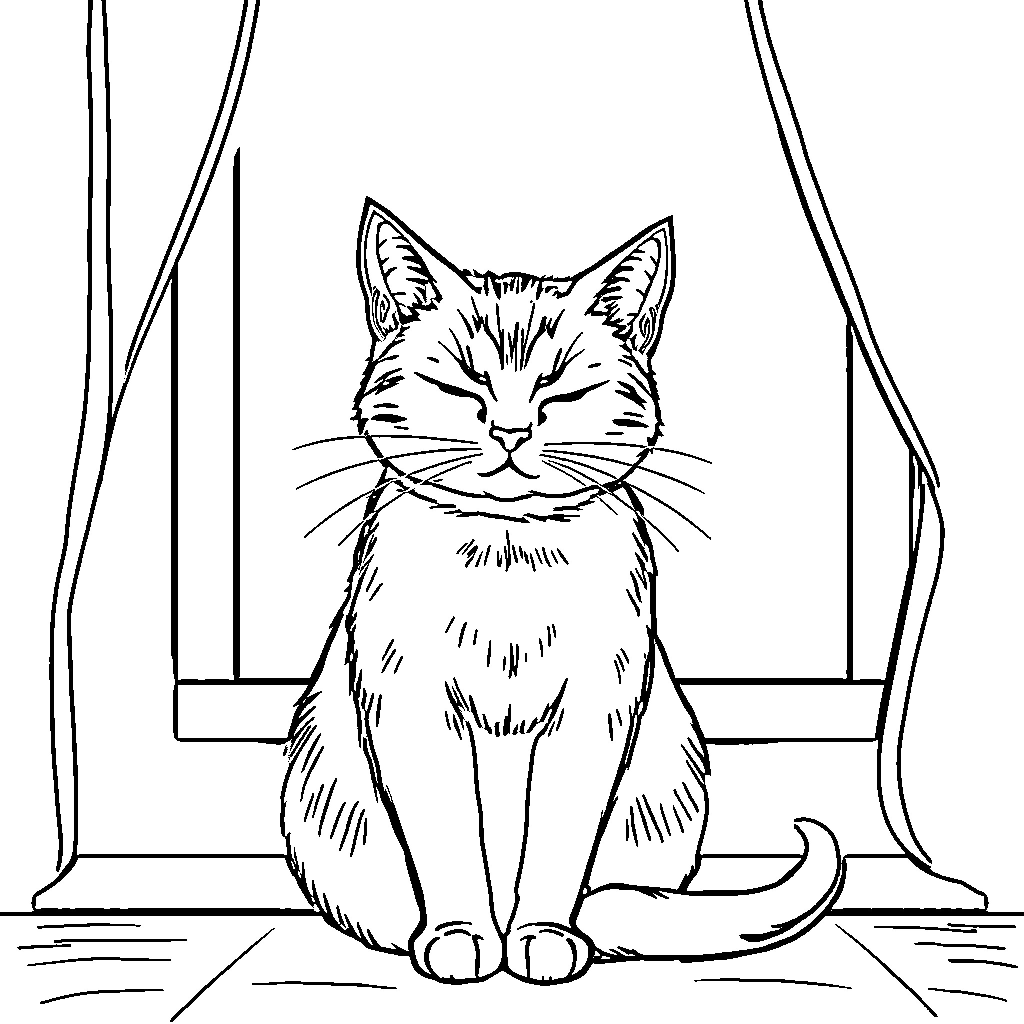 Cat resting by the window Coloring Page (free black-and-white line drawing printable PDF for all, from beginners to advanced learners, including children, teens, adults, and seniors)