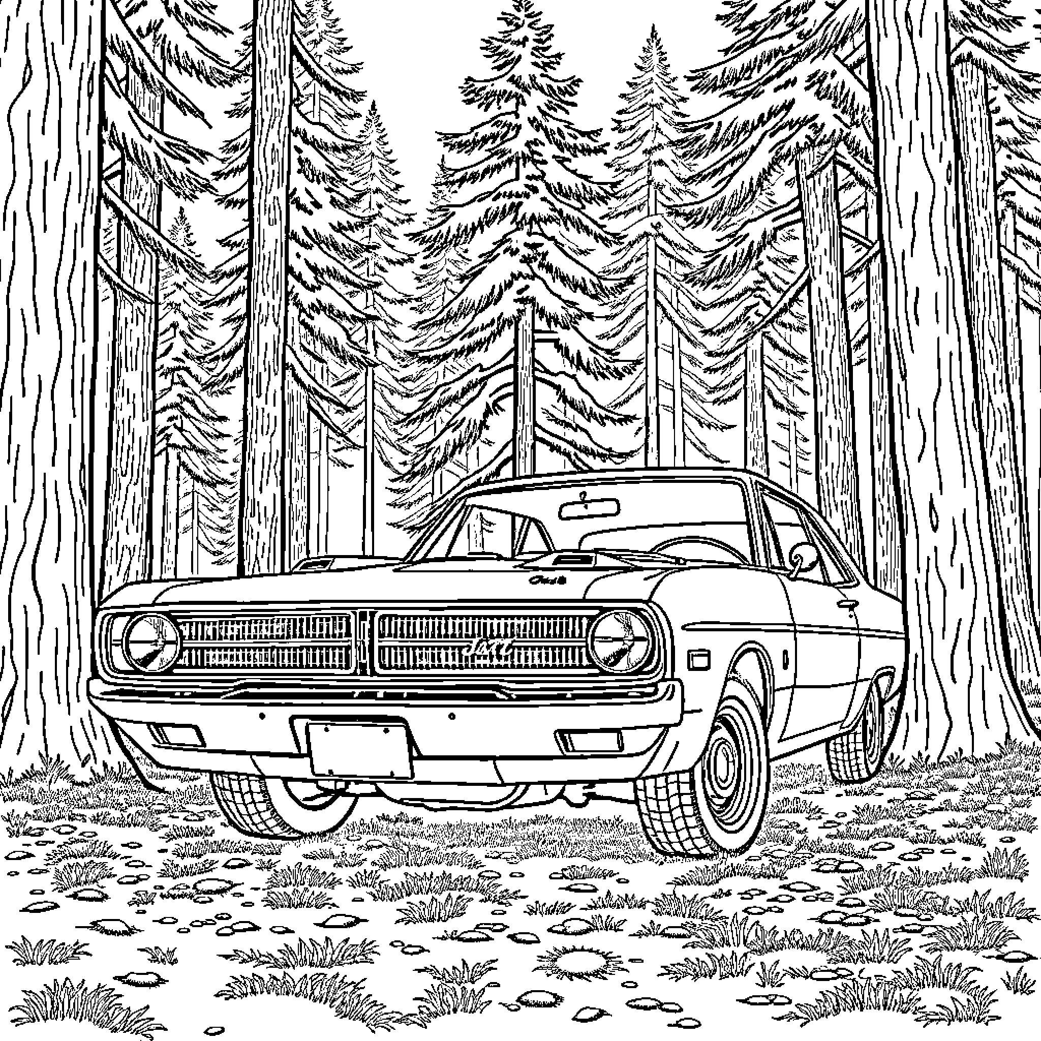 Dodge Dart in a Serene Forest Landscape Coloring Page (free black-and-white line drawing printable PDF for all, from beginners to advanced learners, including children, teens, adults, and seniors)