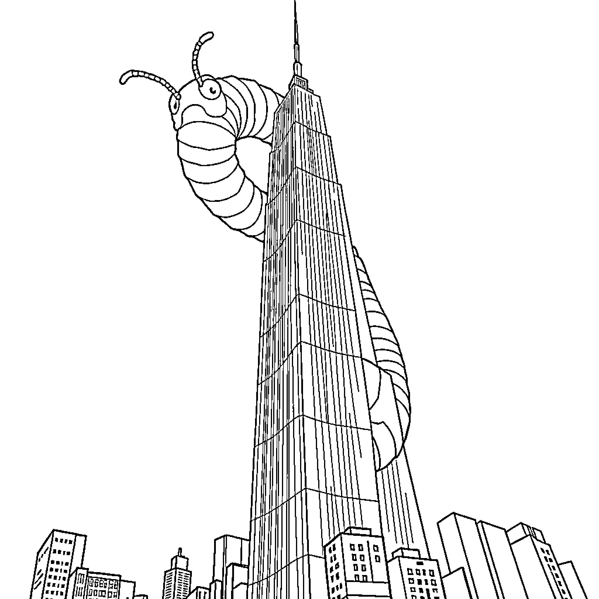 Worm climbing the Empire State Building Coloring Page (free black-and-white line drawing printable PDF for all, from beginners to advanced learners, including children, teens, adults, and seniors)