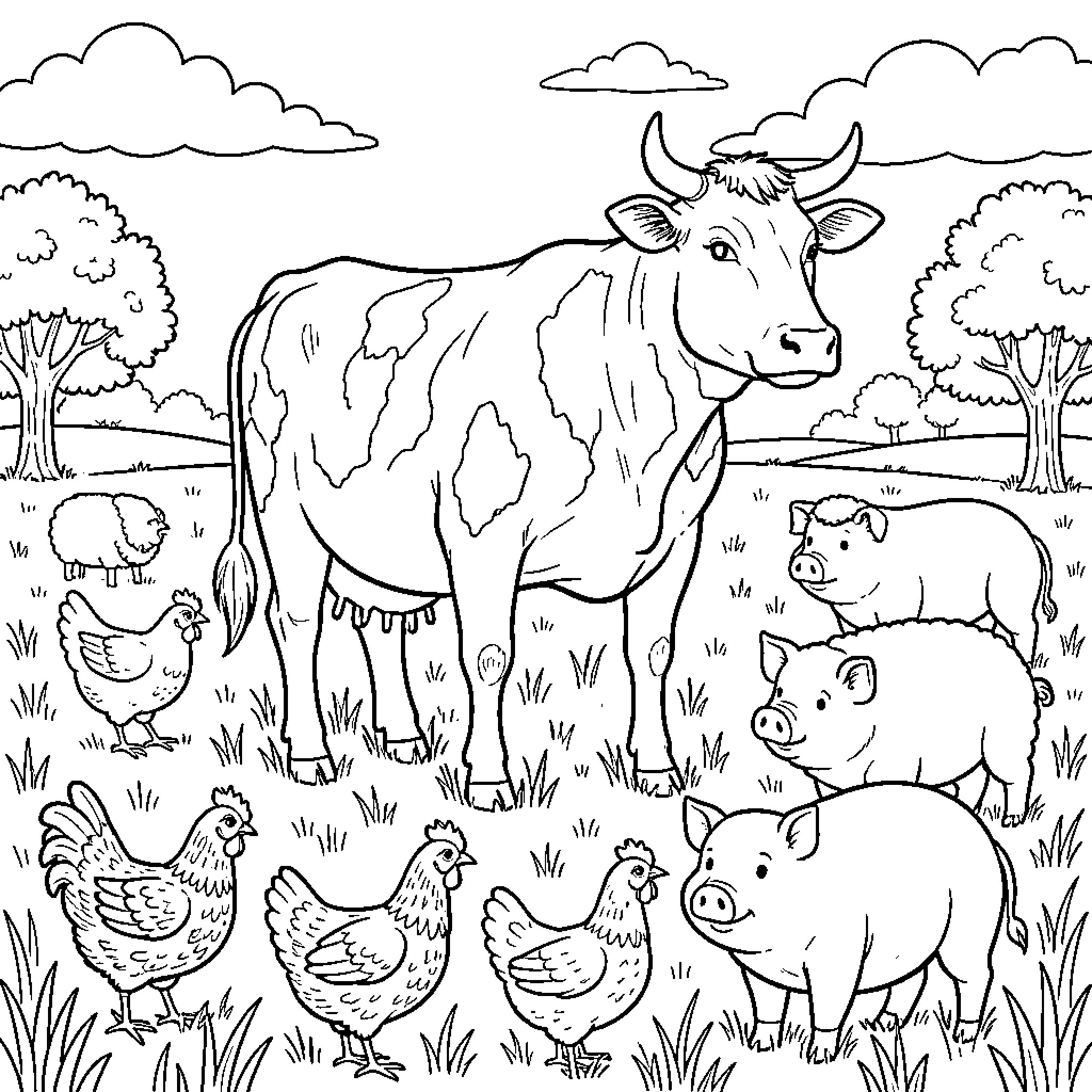 Cow standing in a farm field with other animals Coloring Page (free black-and-white line drawing printable PDF for all, from beginners to advanced learners, including children, teens, adults, and seniors)