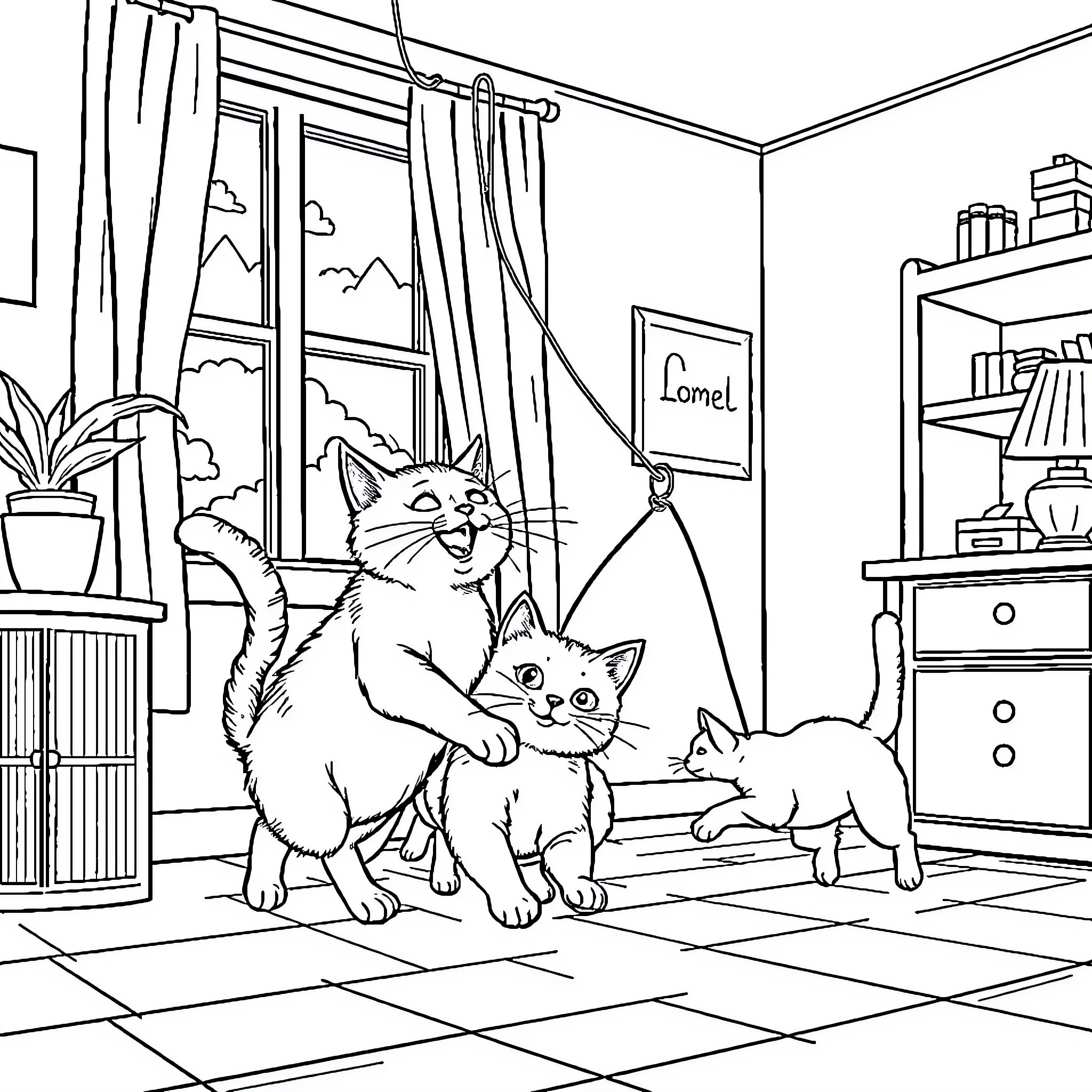 Cat family in cozy indoor scene Coloring Page (free black-and-white line drawing printable PDF for all, from beginners to advanced learners, including children, teens, adults, and seniors)