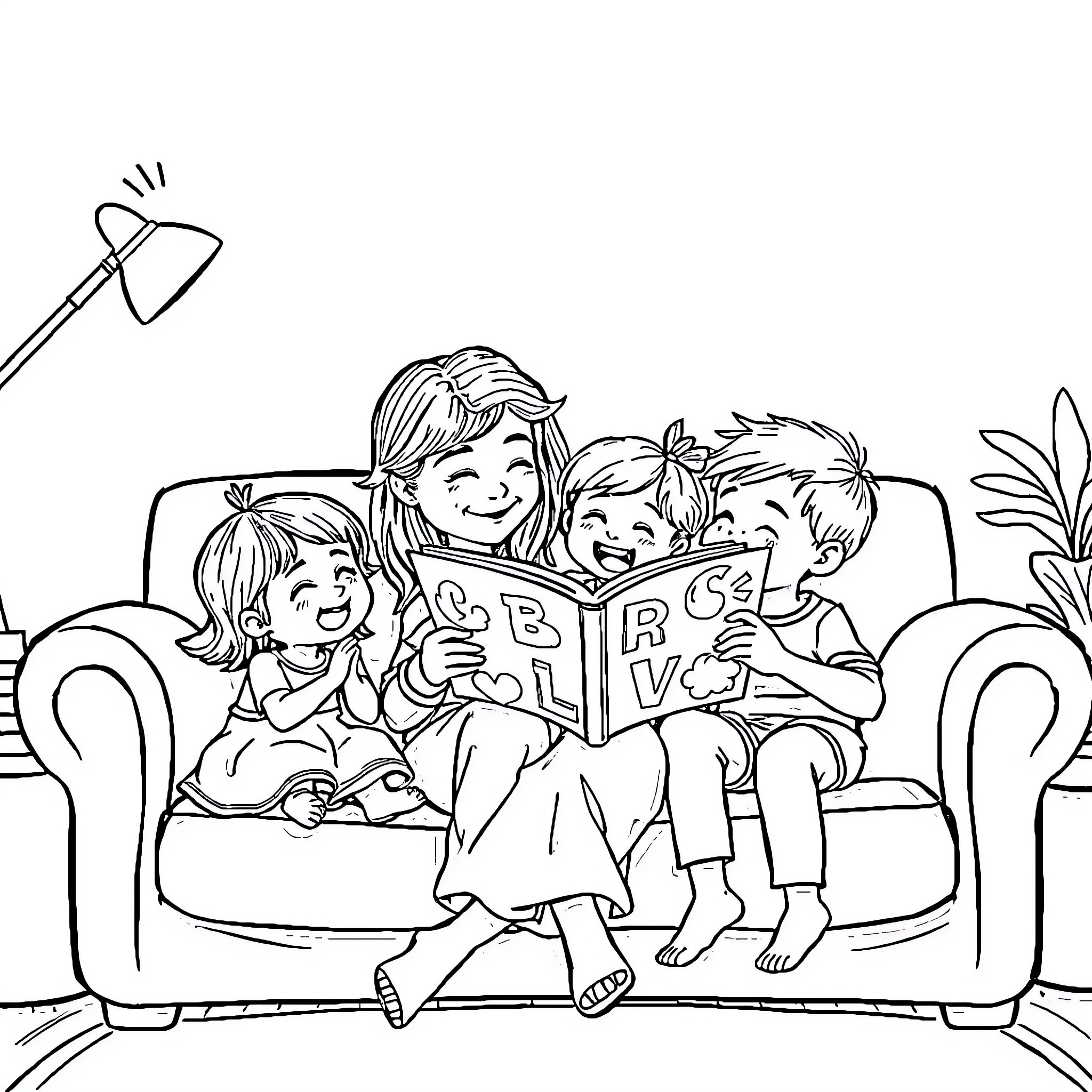 Mom reading bedtime story to her children Coloring Page (free black-and-white line drawing printable PDF for all, from beginners to advanced learners, including children, teens, adults, and seniors)