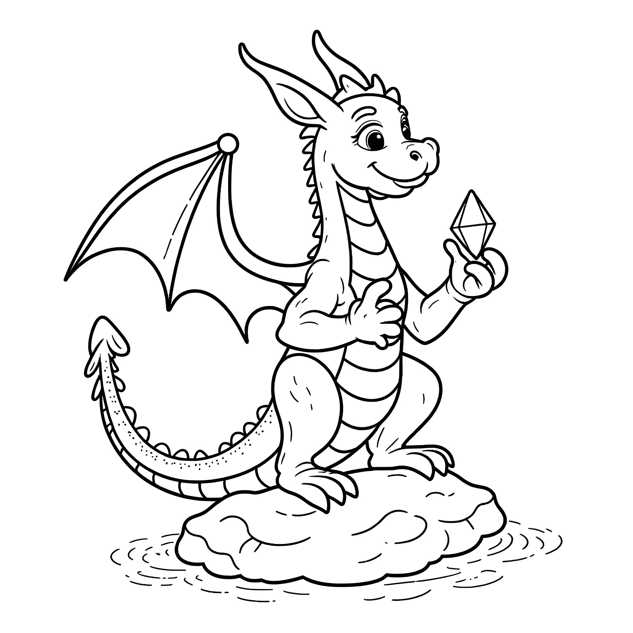 Dragon holding a magical crystal on a cloud Coloring Page (free black-and-white line drawing printable PDF for all, from beginners to advanced learners, including children, teens, adults, and seniors)