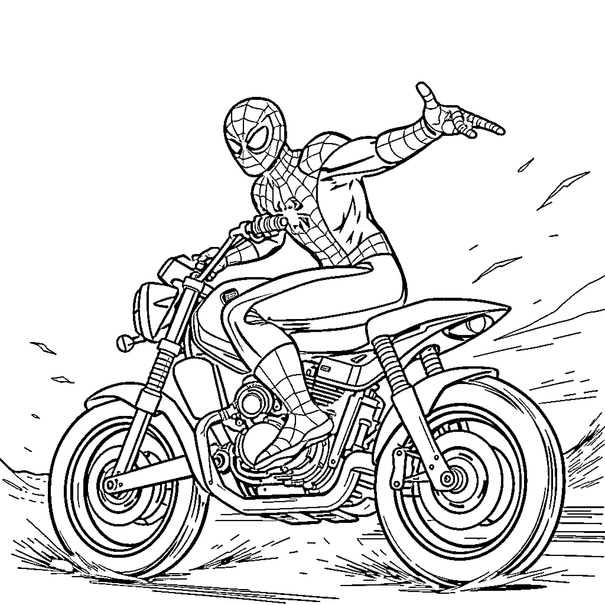 Spiderman Zooming on Motorcycle through Landscape Coloring Page (free black-and-white line drawing printable PDF for all, from beginners to advanced learners, including children, teens, adults, and seniors)