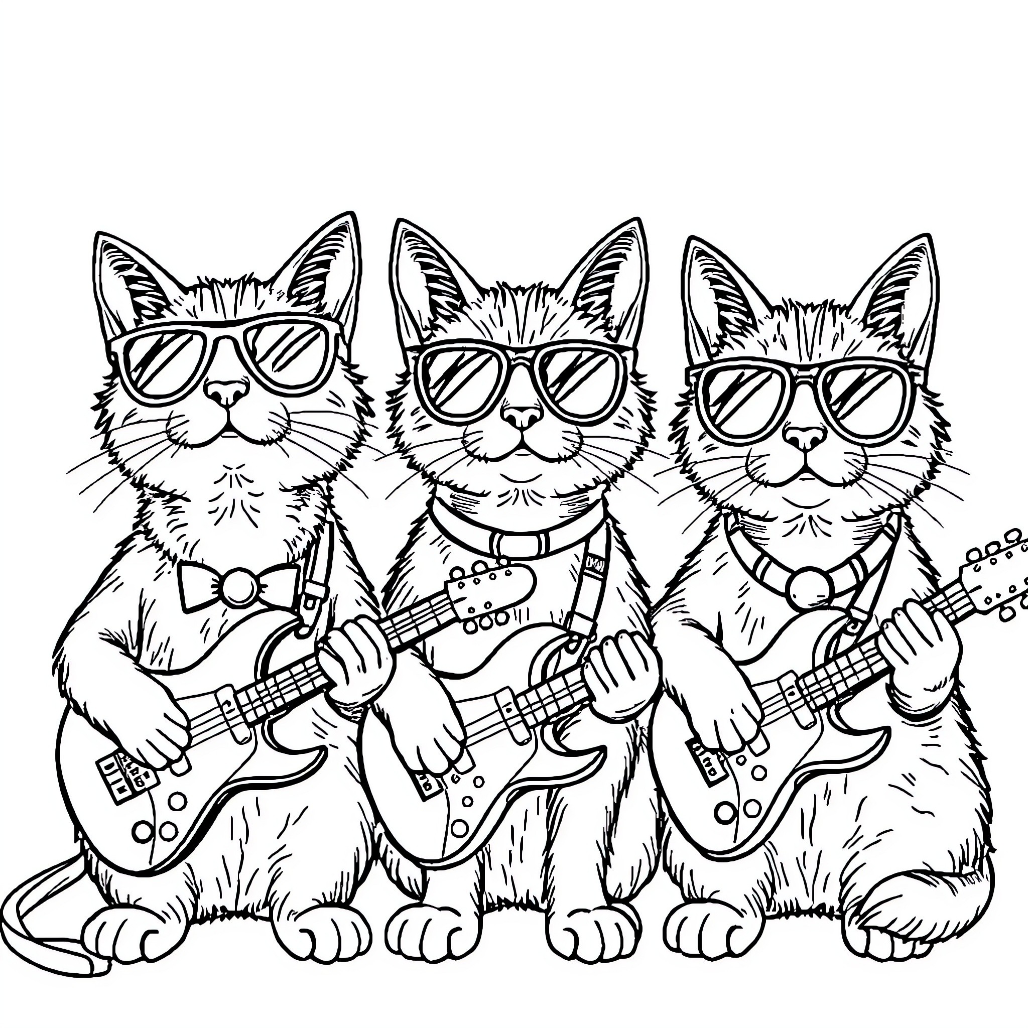 Cats in Stylish Outfits Playing Guitars Coloring Page (free black-and-white line drawing printable PDF for all, from beginners to advanced learners, including children, teens, adults, and seniors)