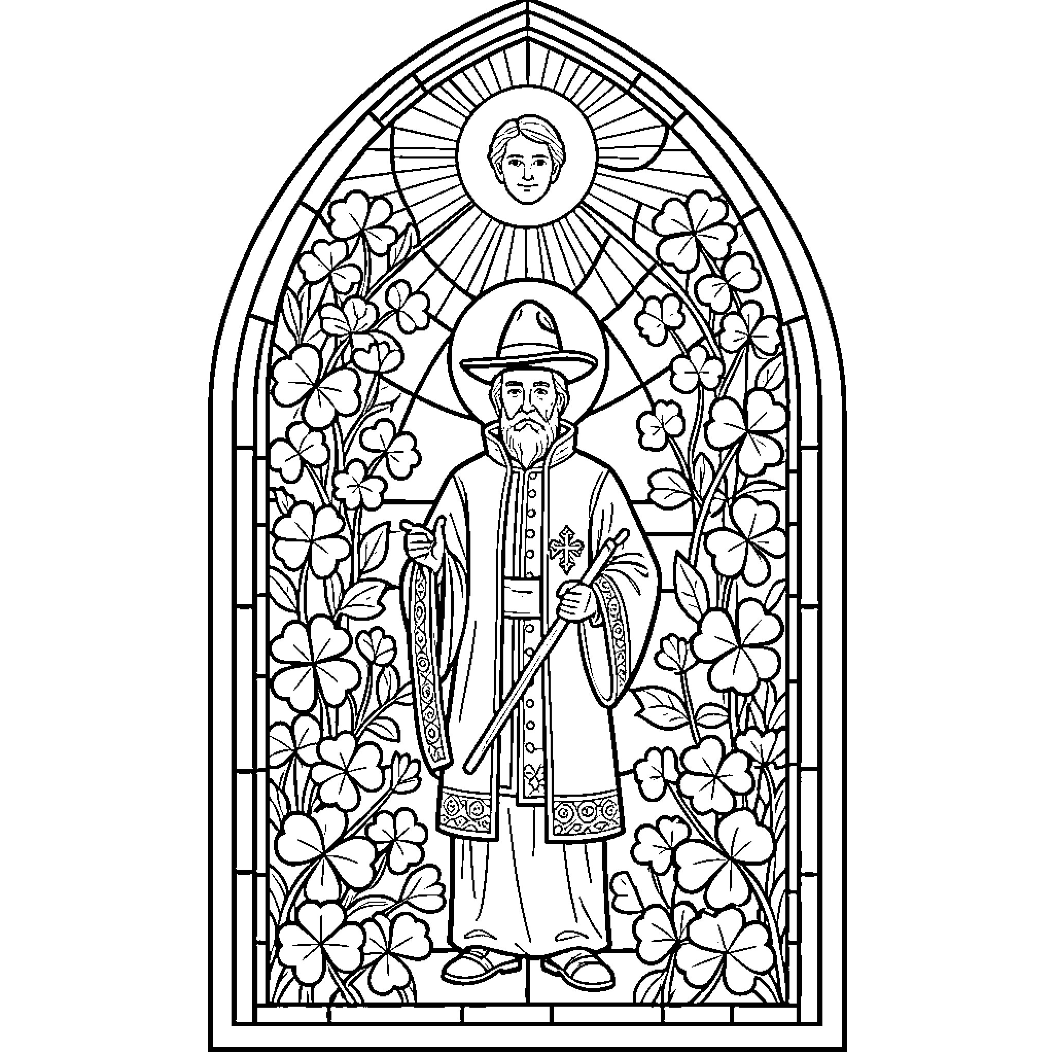 Saint Patrick preaching in stained glass window Coloring Page (free black-and-white line drawing printable PDF for all, from beginners to advanced learners, including children, teens, adults, and seniors)