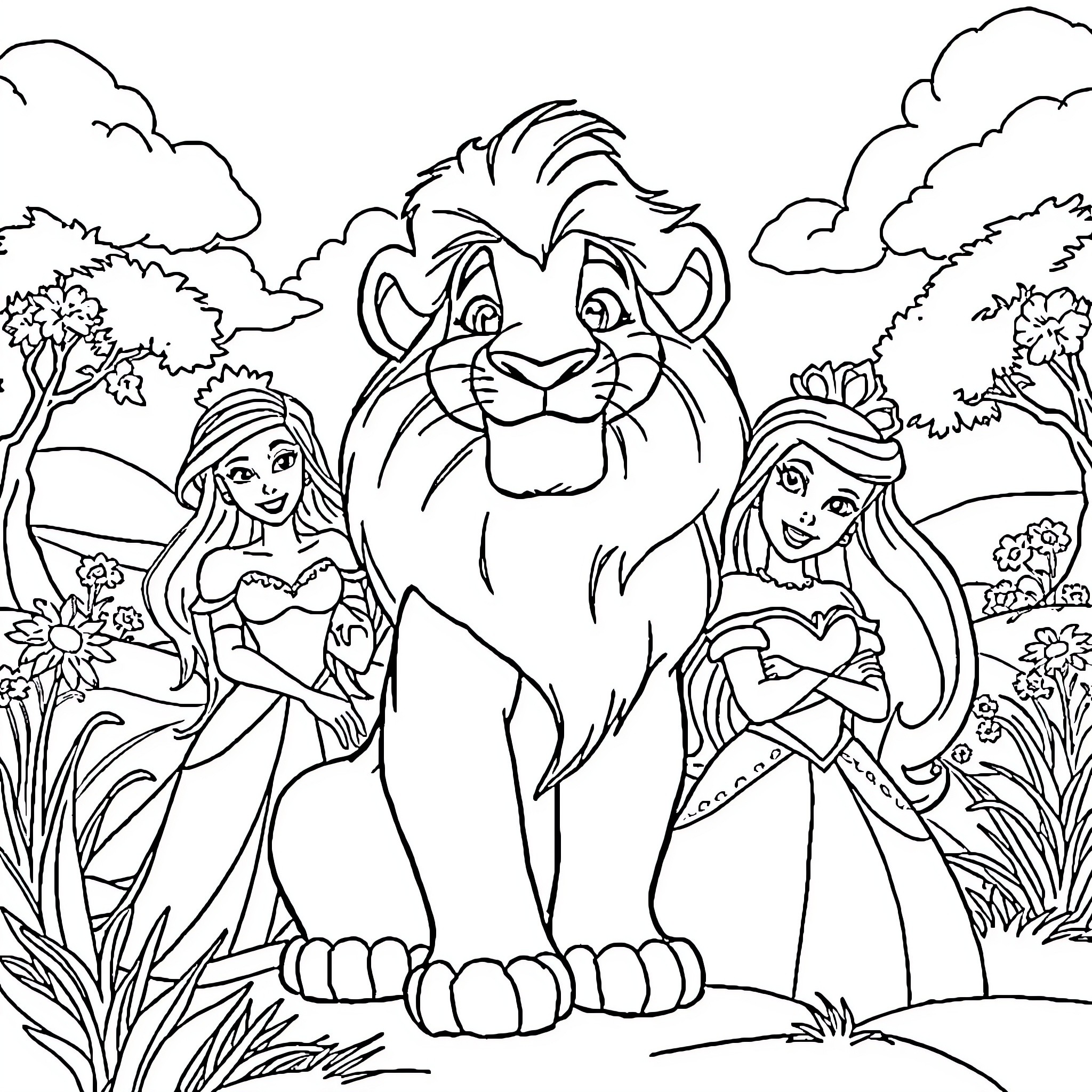 Lion and two princesses in a fantasy landscape Coloring Page (free black-and-white line drawing printable PDF for all, from beginners to advanced learners, including children, teens, adults, and seniors)