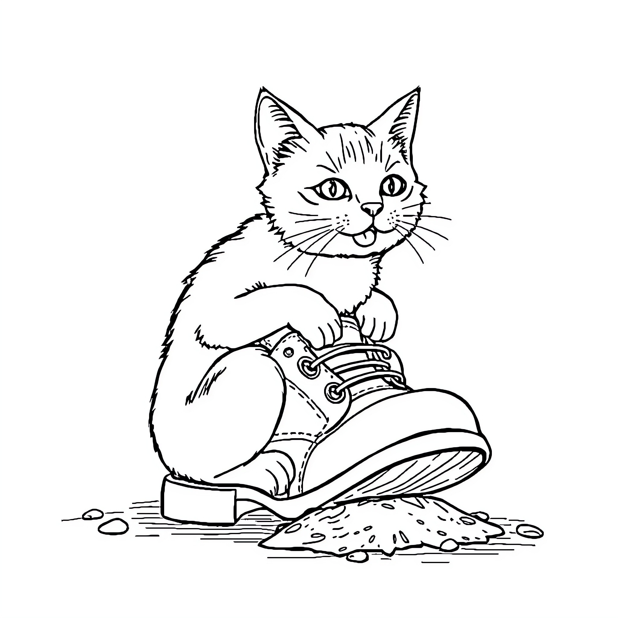 Cat exploring muddy boot with curiosity Coloring Page (free black-and-white line drawing printable PDF for all, from beginners to advanced learners, including children, teens, adults, and seniors)