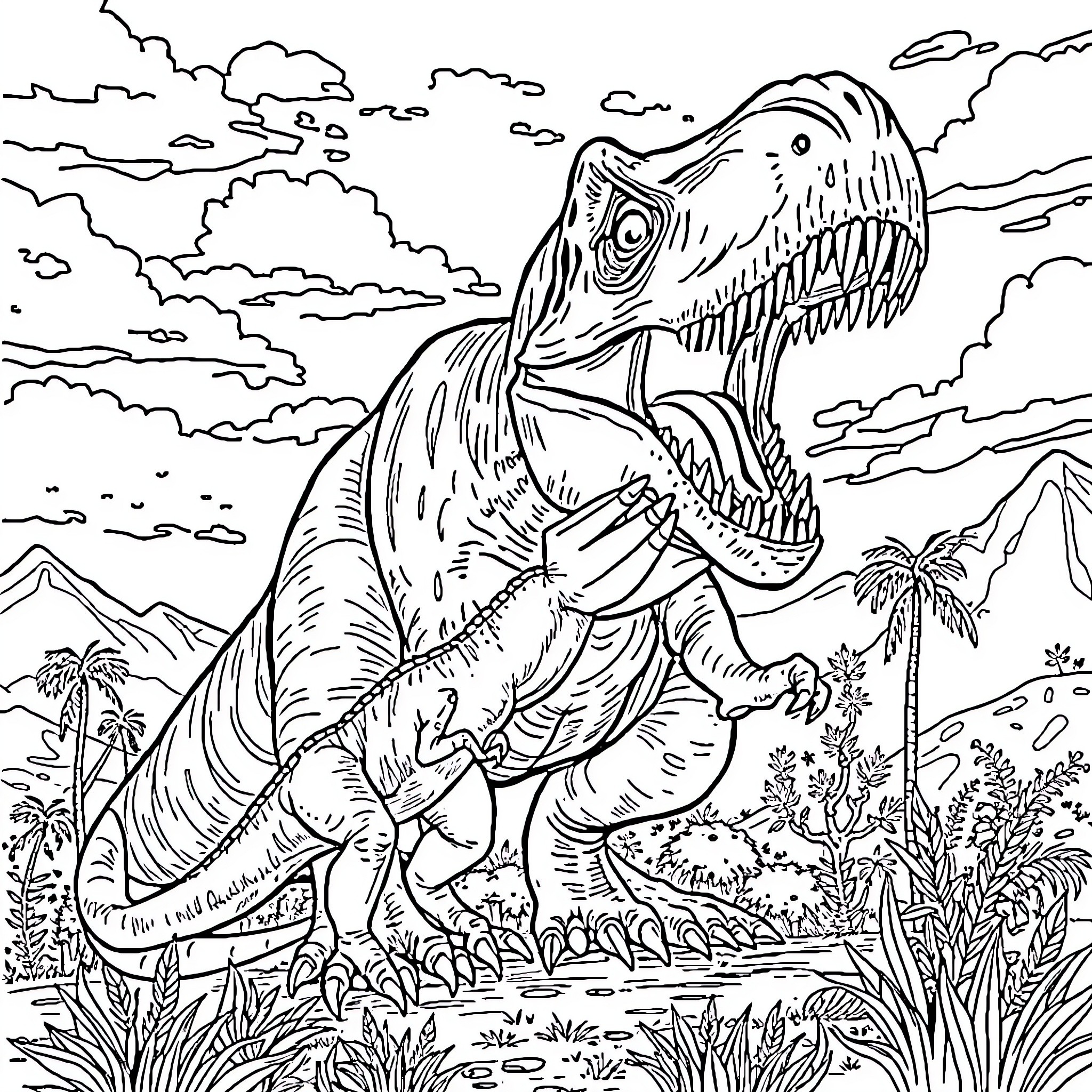 T-Rex Stalking Through Prehistoric Landscape Coloring Page (free black-and-white line drawing printable PDF for all, from beginners to advanced learners, including children, teens, adults, and seniors)
