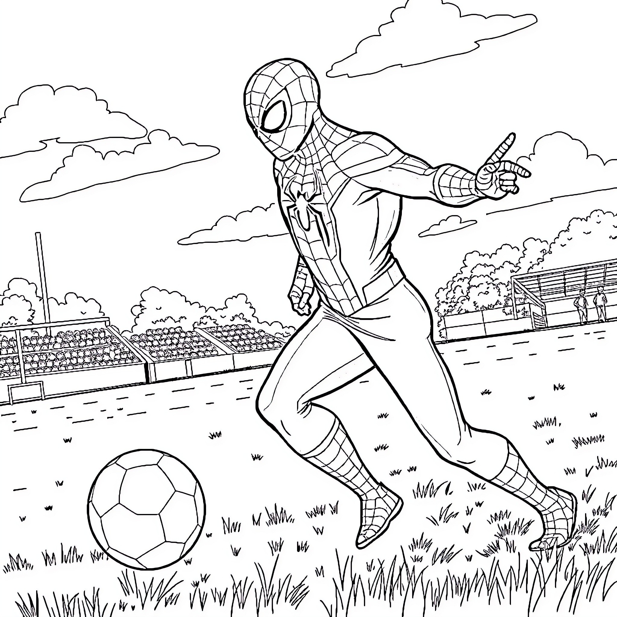 Spiderman playing soccer in a field Coloring Page (free black-and-white line drawing printable PDF for all, from beginners to advanced learners, including children, teens, adults, and seniors)