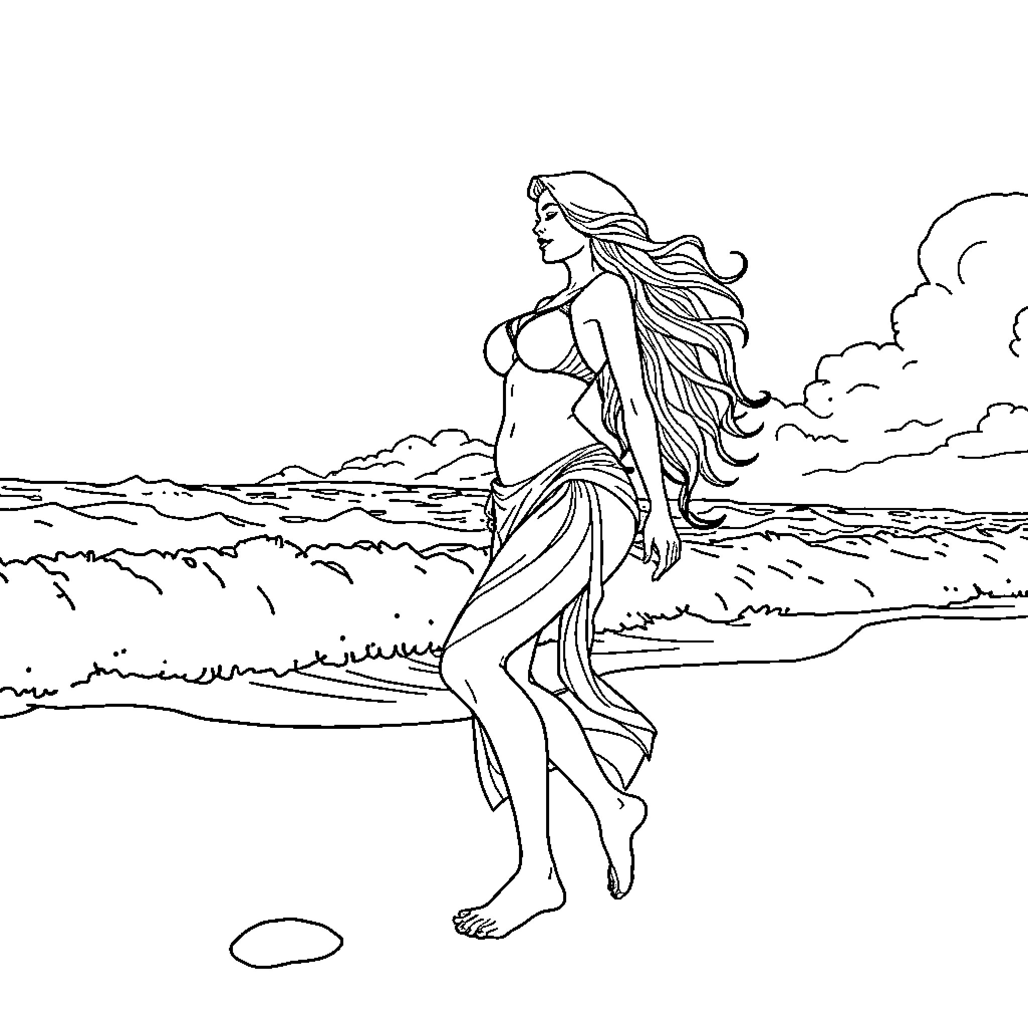 Wonder Woman in Majestic Pose on the Beach Coloring Page (free black-and-white line drawing printable PDF for all, from beginners to advanced learners, including children, teens, adults, and seniors)