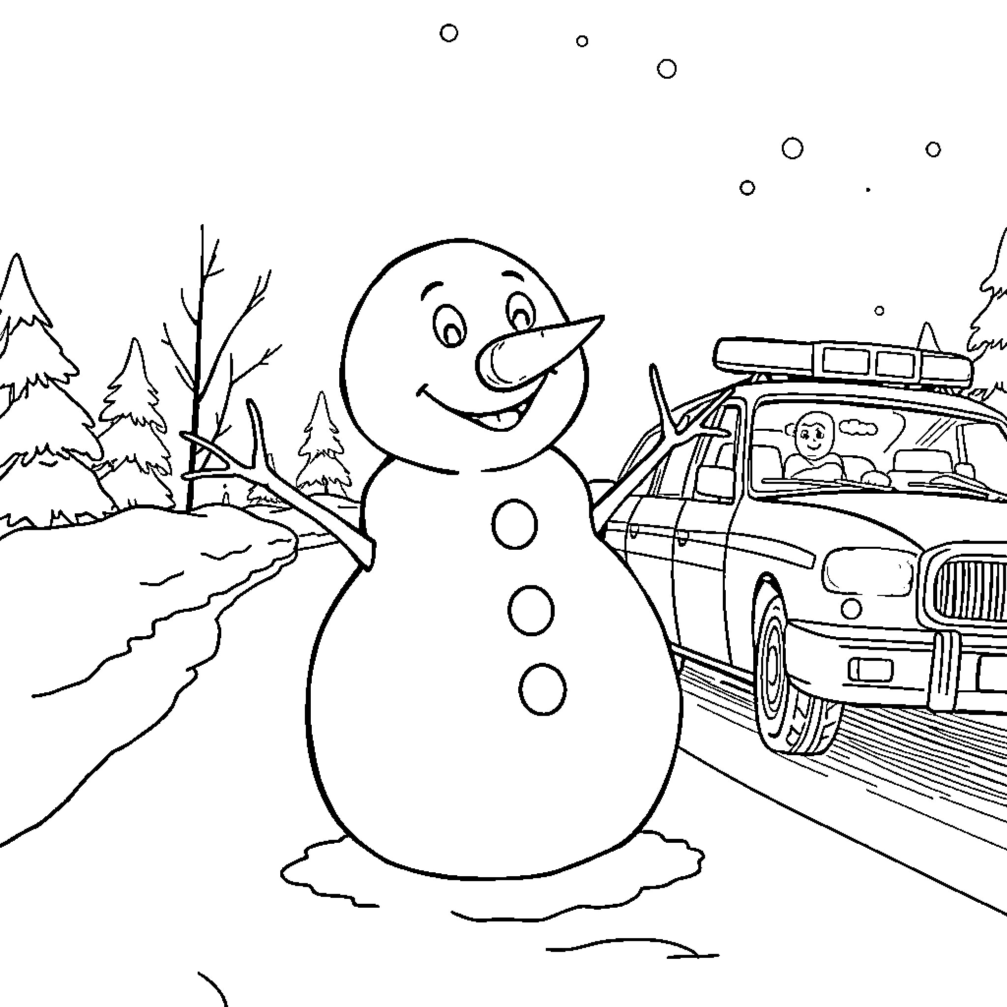 Frosty snowman with a police car in the winter landscape Coloring Page (free black-and-white line drawing printable PDF for all, from beginners to advanced learners, including children, teens, adults, and seniors)