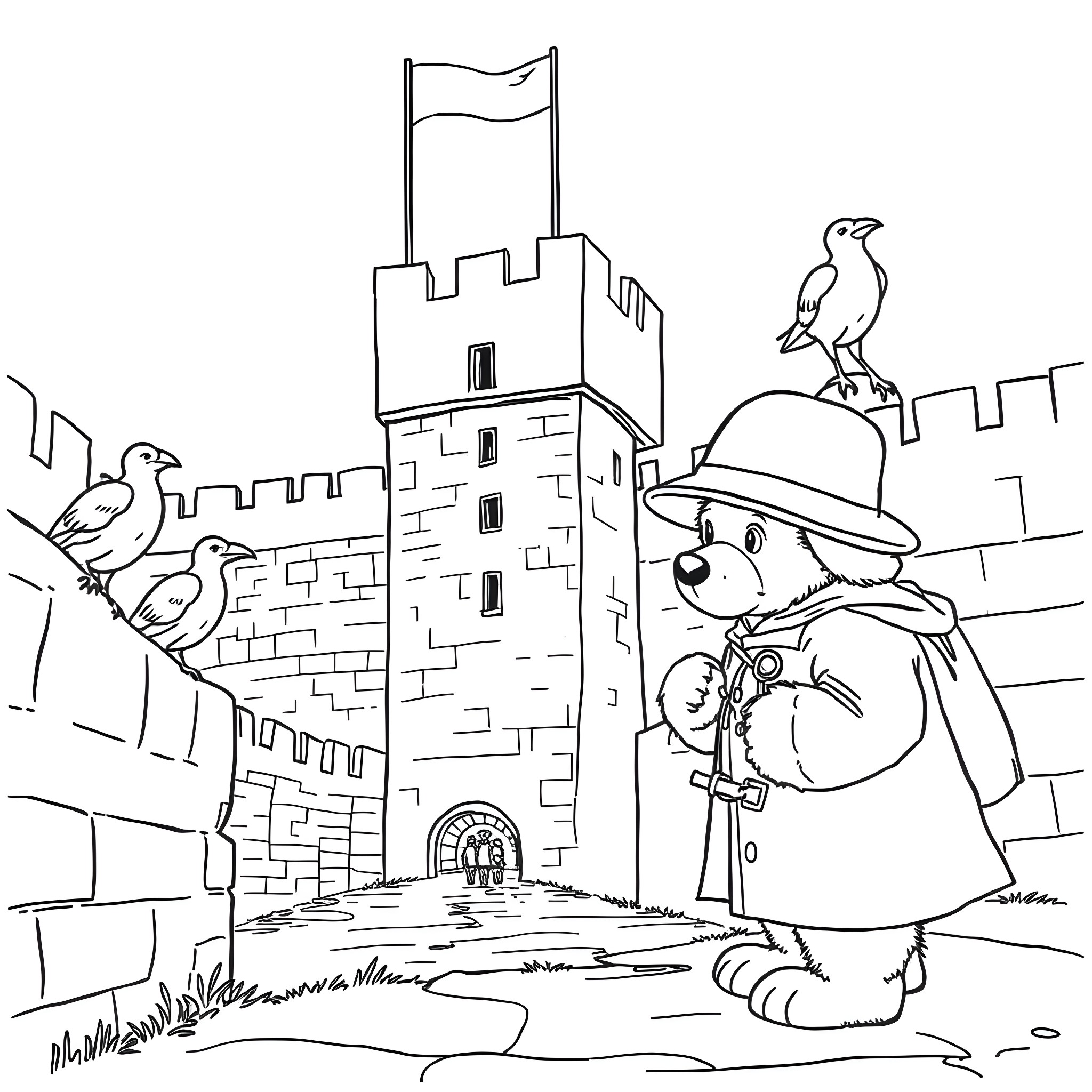 Paddington Bear explores the castle tower with birds Coloring Page (free black-and-white line drawing printable PDF for all, from beginners to advanced learners, including children, teens, adults, and seniors)