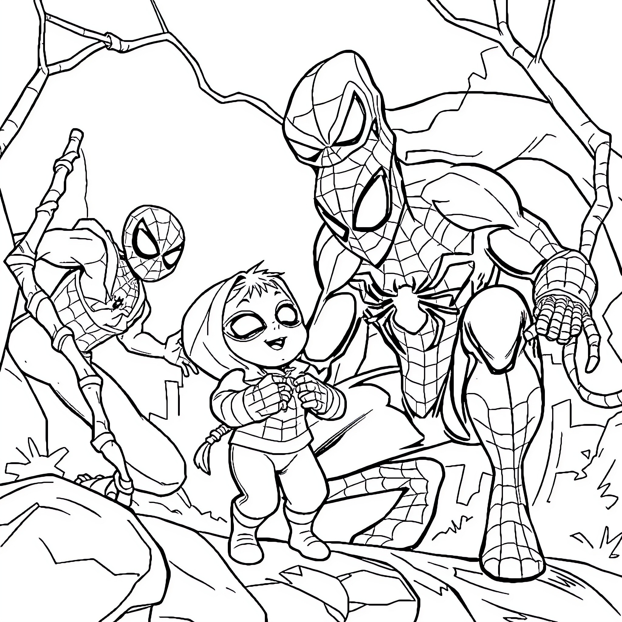Spidey heroes in action-packed scene Coloring Page (free black-and-white line drawing printable PDF for all, from beginners to advanced learners, including children, teens, adults, and seniors)