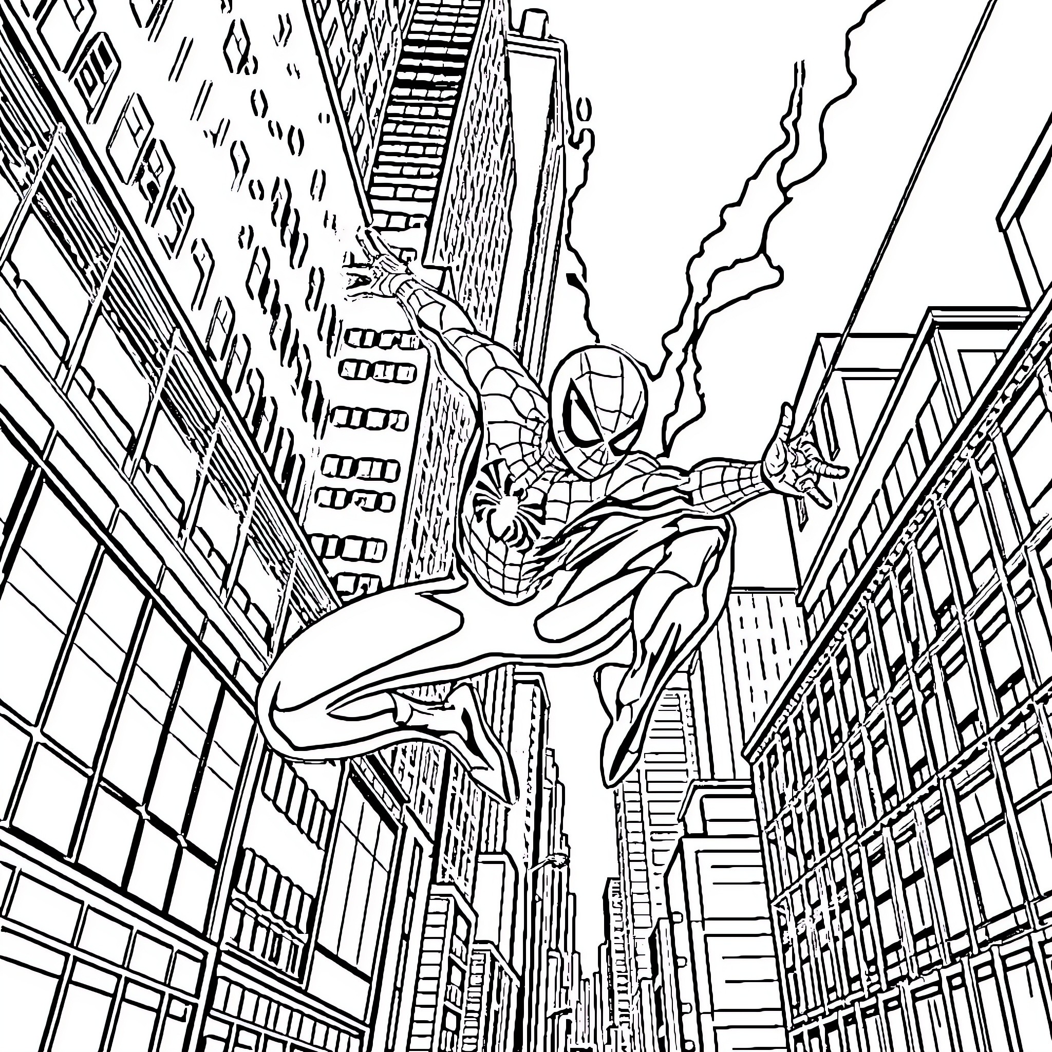 Spider-Man swinging through the skyscrapers of the city Coloring Page (free black-and-white line drawing printable PDF for all, from beginners to advanced learners, including children, teens, adults, and seniors)