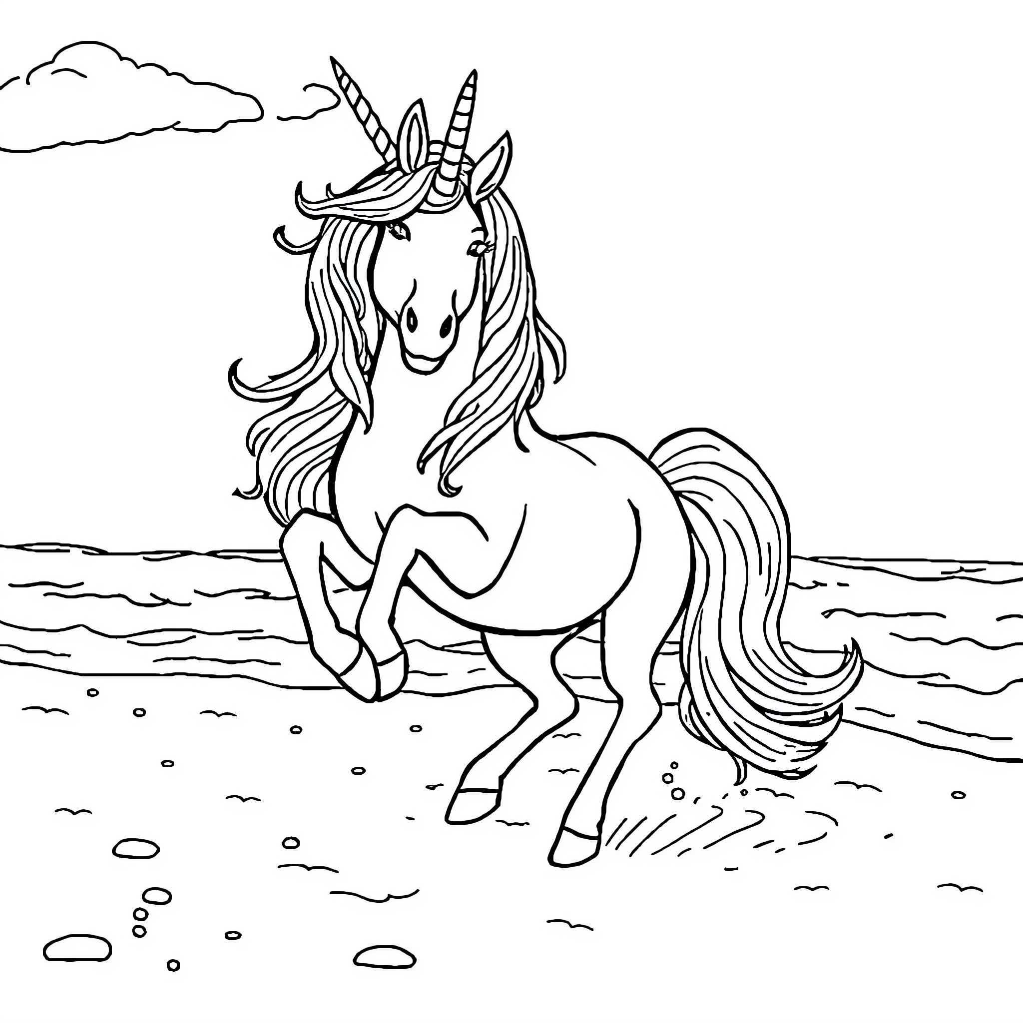 Unicorn galloping gracefully on the beach Coloring Page (free black-and-white line drawing printable PDF for all, from beginners to advanced learners, including children, teens, adults, and seniors)