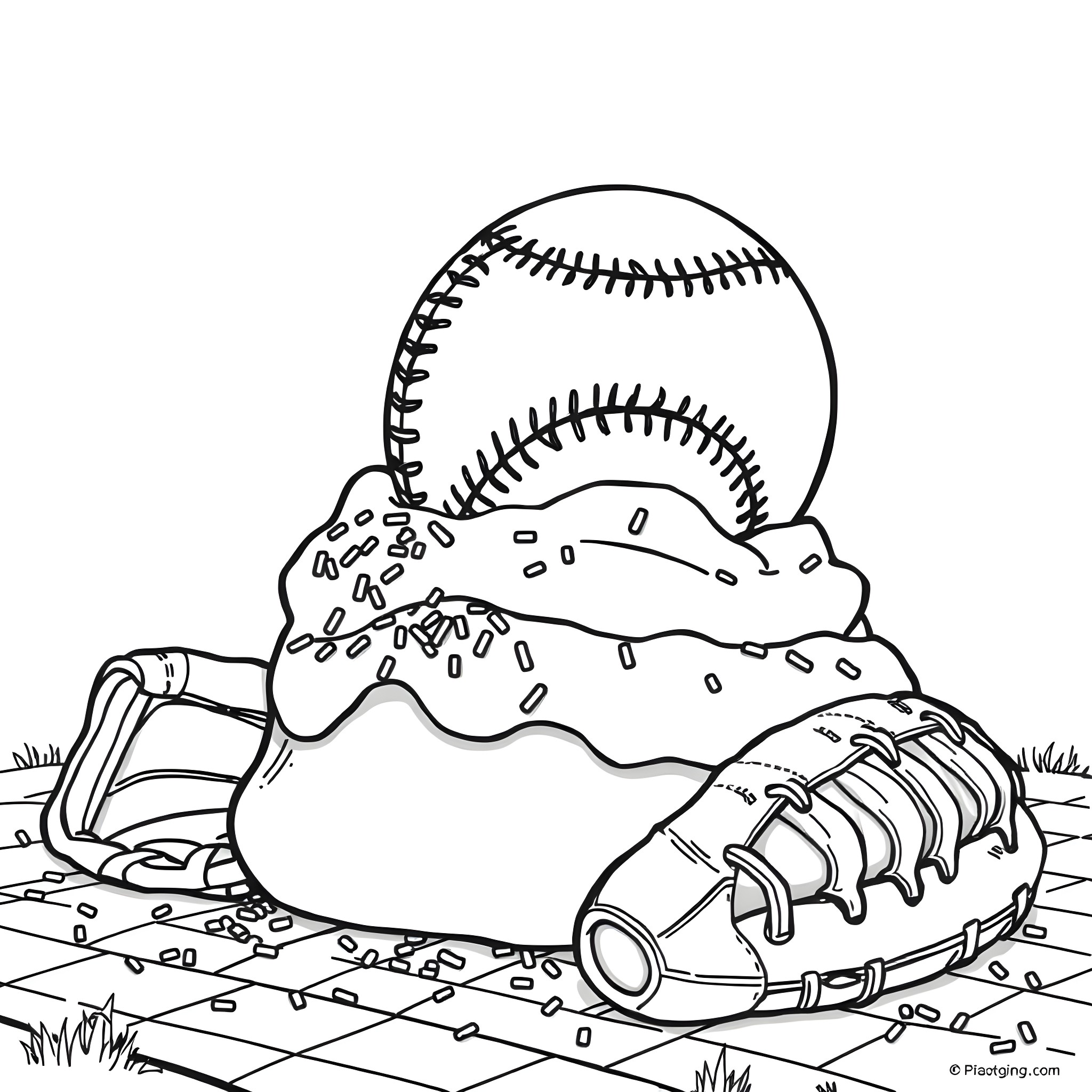 Baseball equipment on the field Coloring Page (free black-and-white line drawing printable PDF for all, from beginners to advanced learners, including children, teens, adults, and seniors)