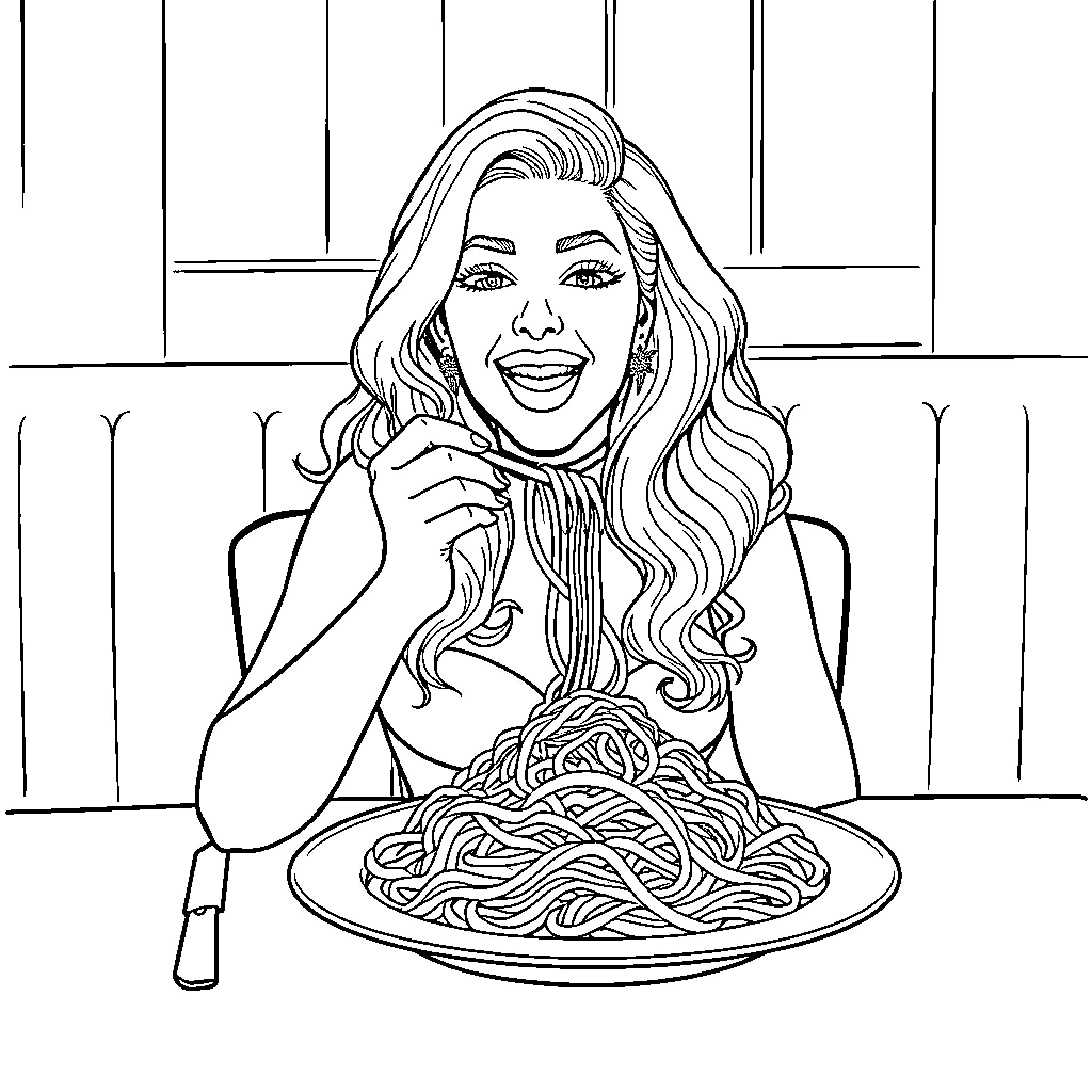 Lady Gaga Enjoying a Meal Coloring Page (free black-and-white line drawing printable PDF for all, from beginners to advanced learners, including children, teens, adults, and seniors)