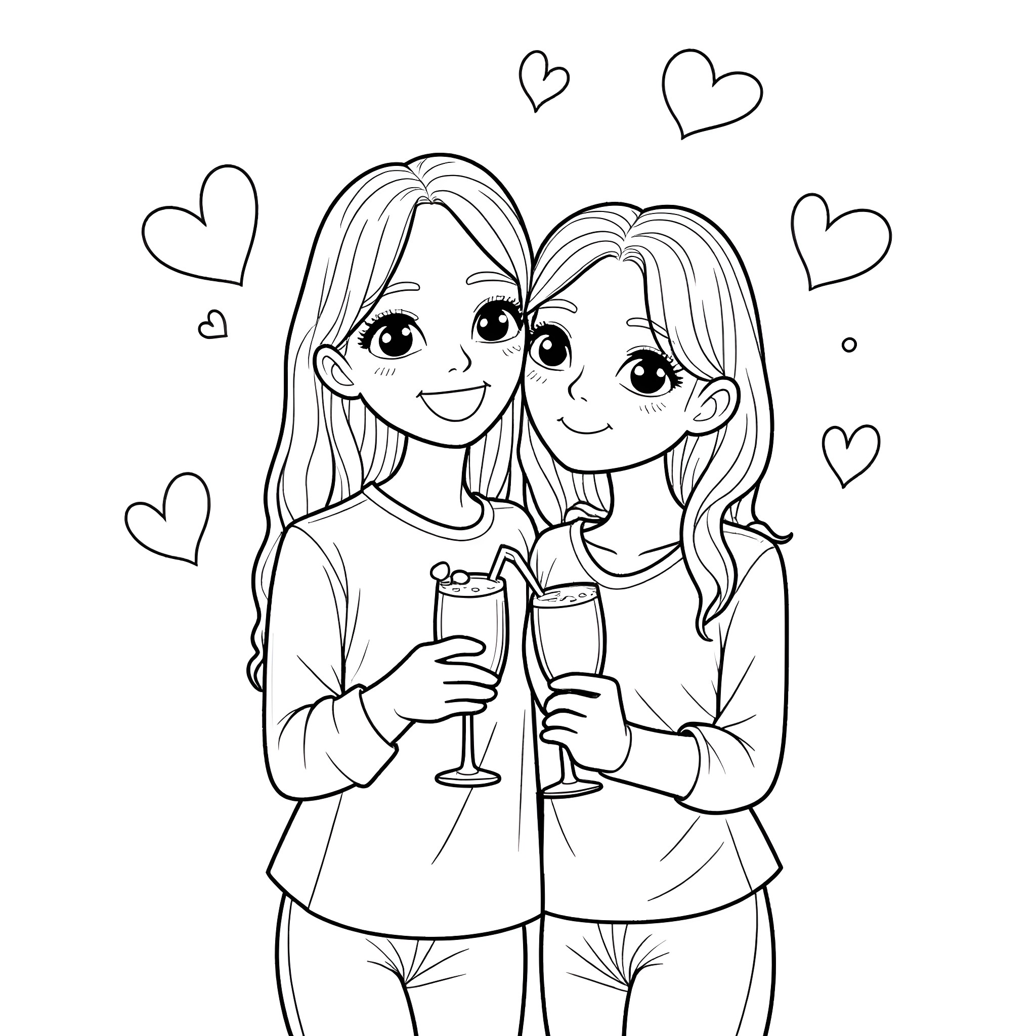 Friend's Happy Celebration Coloring Page (free black-and-white line drawing printable PDF for all, from beginners to advanced learners, including children, teens, adults, and seniors)