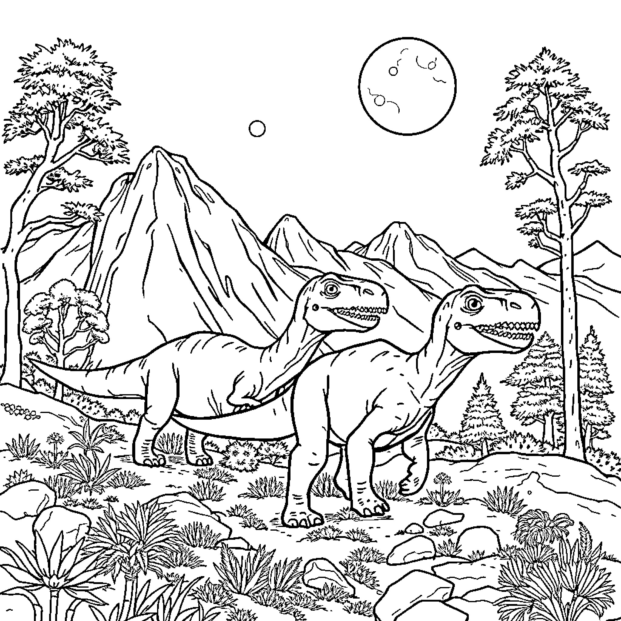 Dinosaurs exploring the prehistoric landscape Coloring Page (free black-and-white line drawing printable PDF for all, from beginners to advanced learners, including children, teens, adults, and seniors)