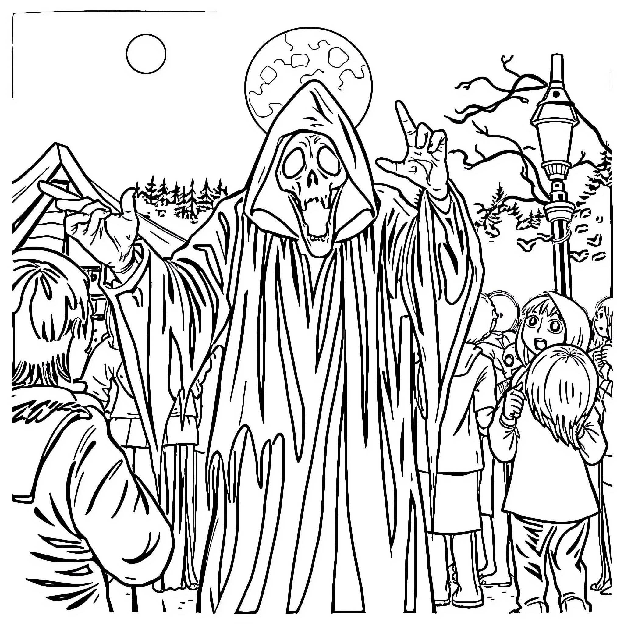 Scare Actor in a Haunted Forest Scene Coloring Page (free black-and-white line drawing printable PDF for all, from beginners to advanced learners, including children, teens, adults, and seniors)