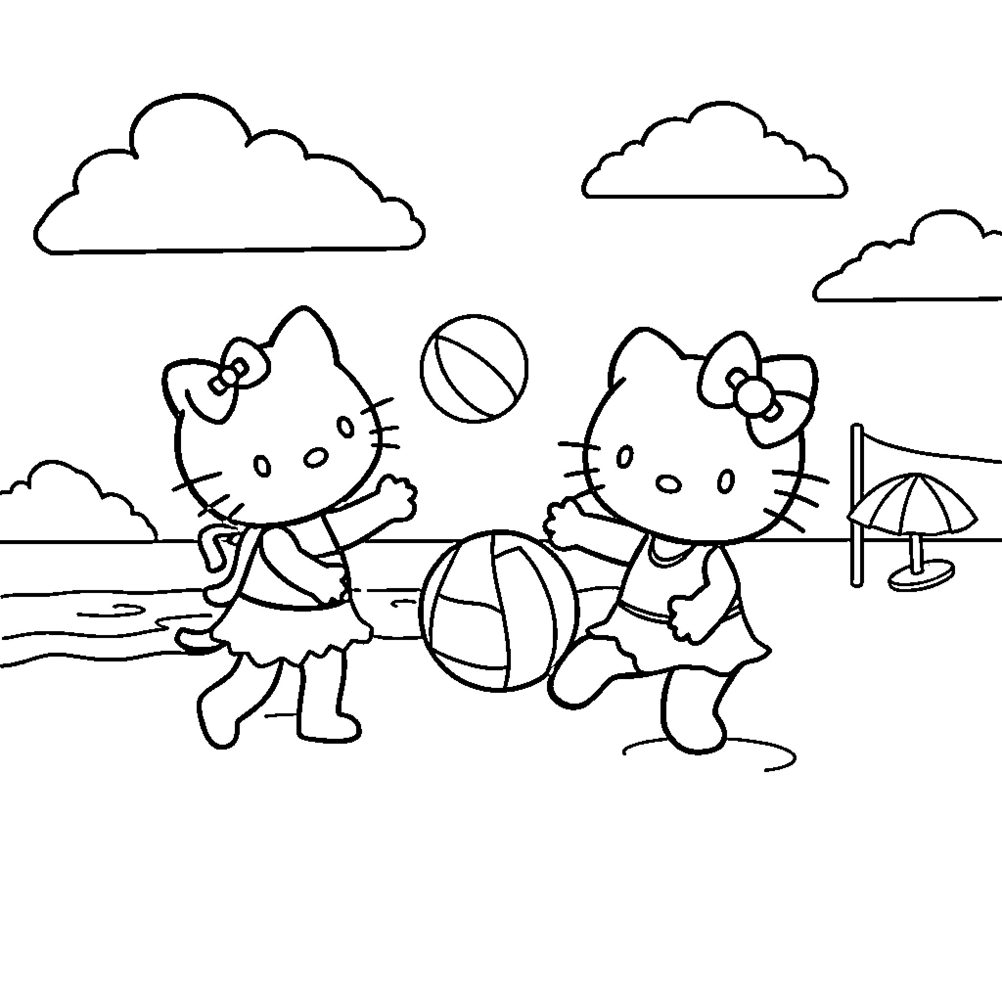 Hello Kitty playing at the beach Coloring Page (free black-and-white line drawing printable PDF for all, from beginners to advanced learners, including children, teens, adults, and seniors)