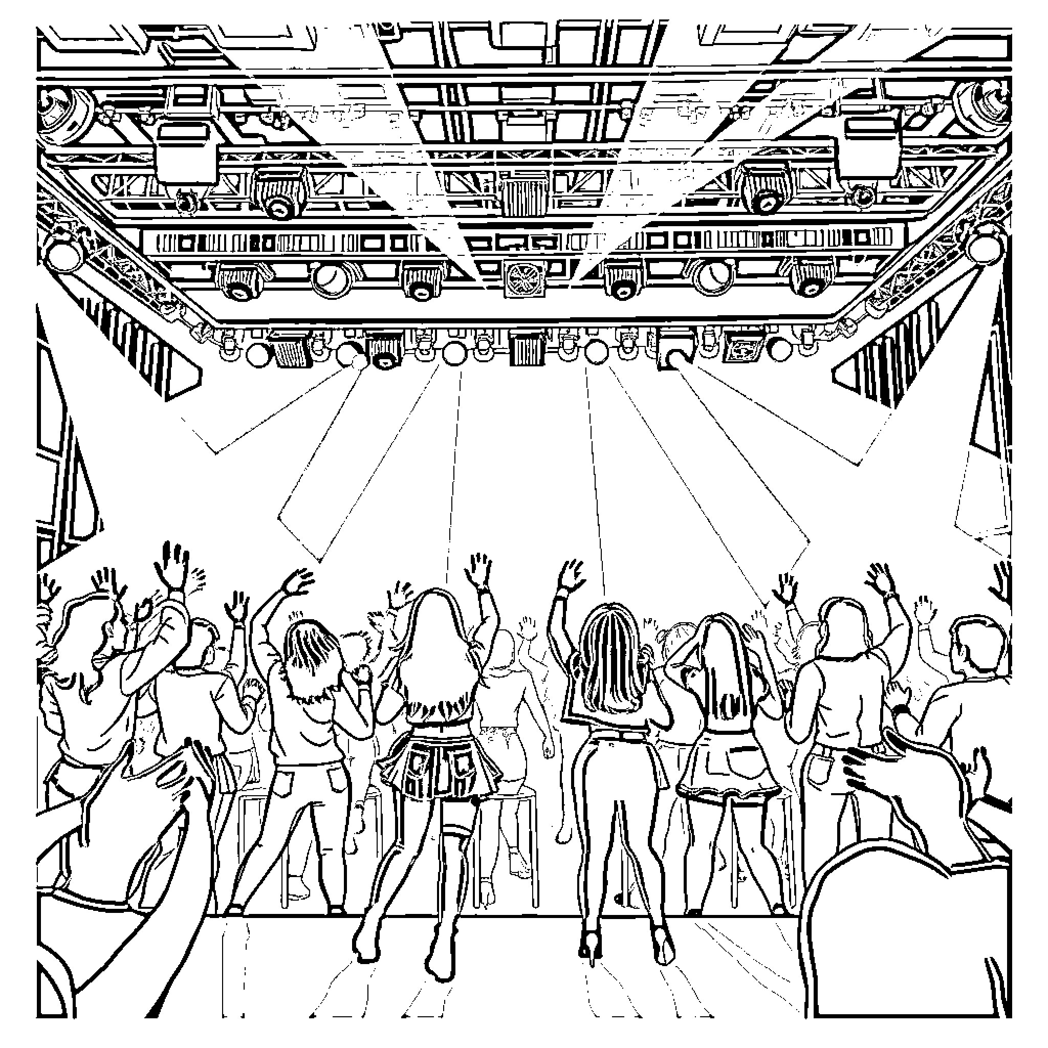 Kpop Performers on Stage Energetic Dance Show Coloring Page (free black-and-white line drawing printable PDF for all, from beginners to advanced learners, including children, teens, adults, and seniors)