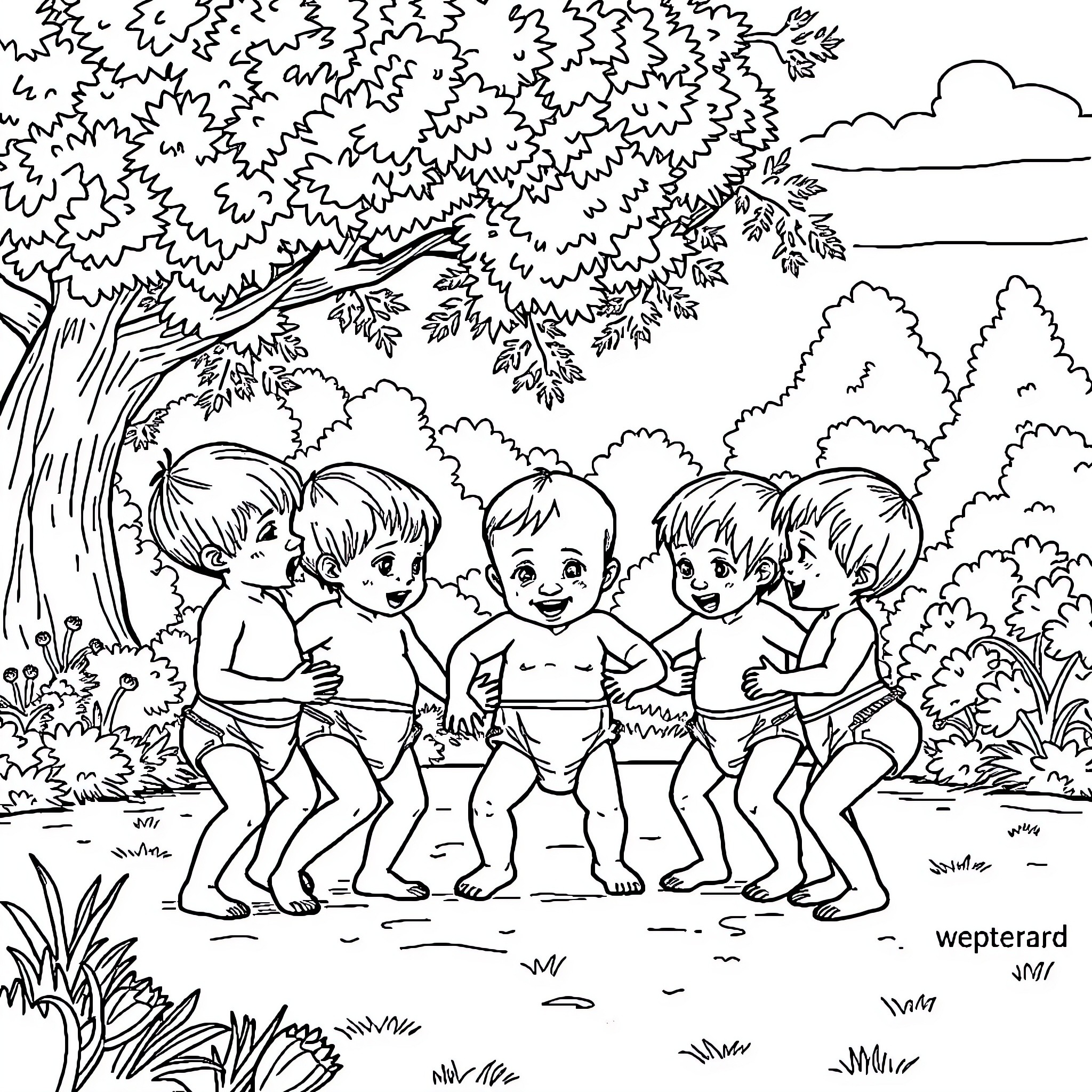 Diaper Boy playing with friends in the woods Coloring Page (free black-and-white line drawing printable PDF for all, from beginners to advanced learners, including children, teens, adults, and seniors)