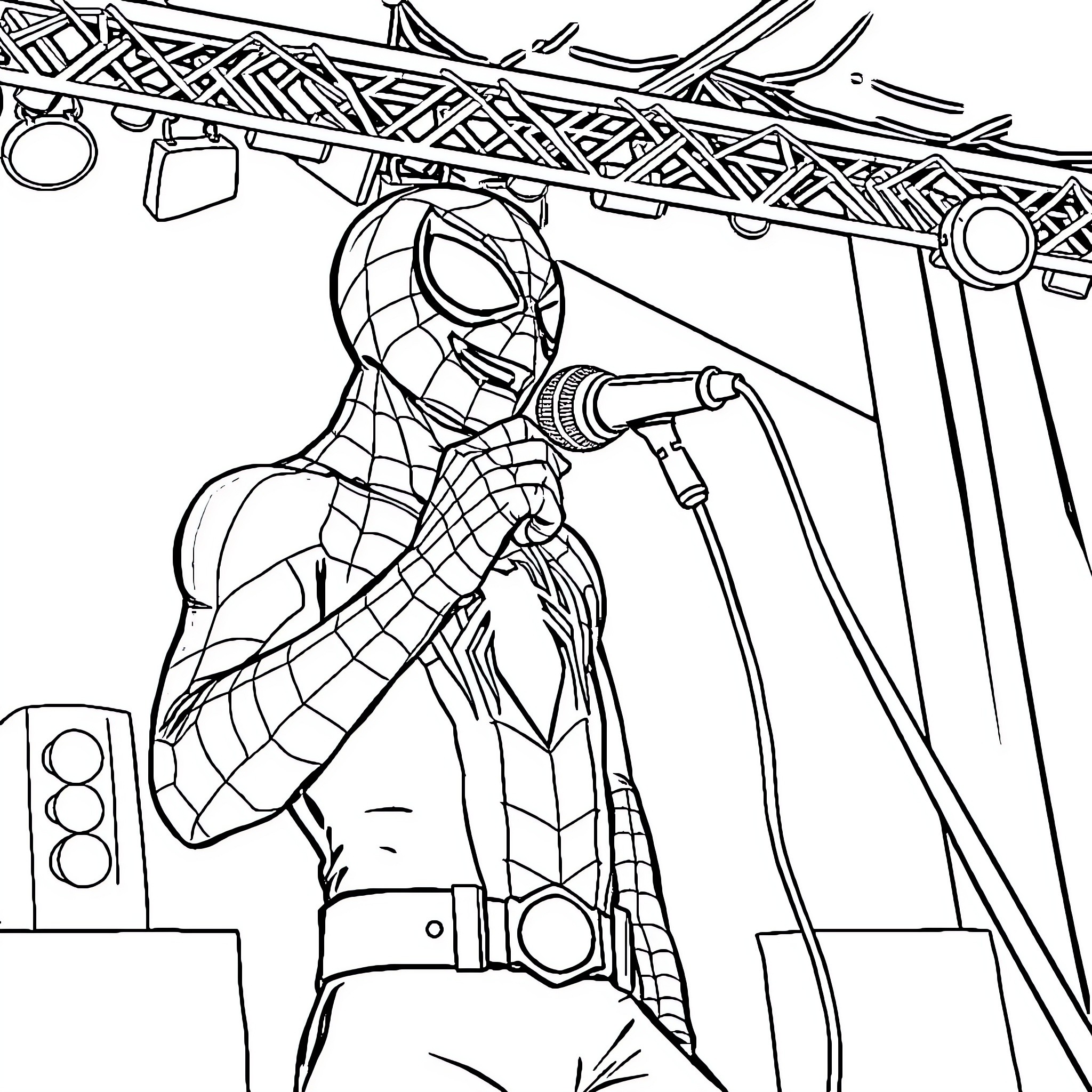 Spiderman performing on stage with microphone Coloring Page (free black-and-white line drawing printable PDF for all, from beginners to advanced learners, including children, teens, adults, and seniors)